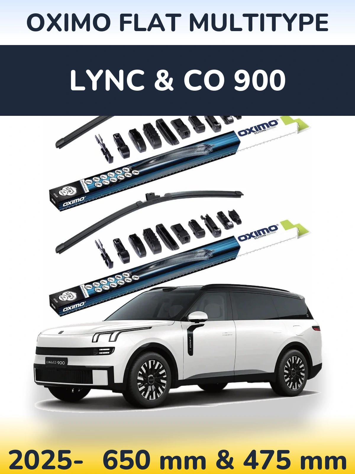 Front wiper blade set Oximo Flat MultiTipoe 650 & 475 mm for Lync & Co 900 2025-2026