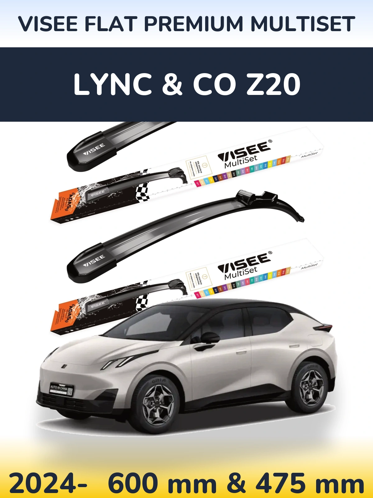 Front wiper blade set VISEE FLAT PREMIUM MultiSet 600 & 475 mm for Lync & Co Z20 2024-2026