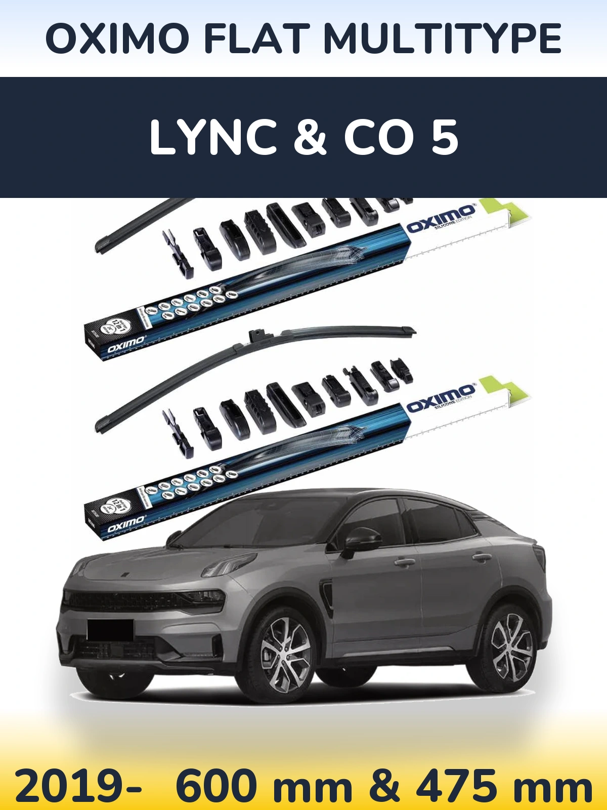 Комплект передніх щіток Oximo Flat MultiТипe 600 & 475 мм для Lync & Co 5 2019-2026