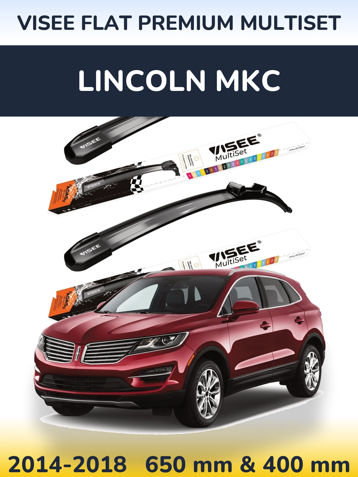 Front wiper blade set VISEE FLAT PREMIUM MultiSet 650 & 400 mm for Lincoln MKC 2014-2018