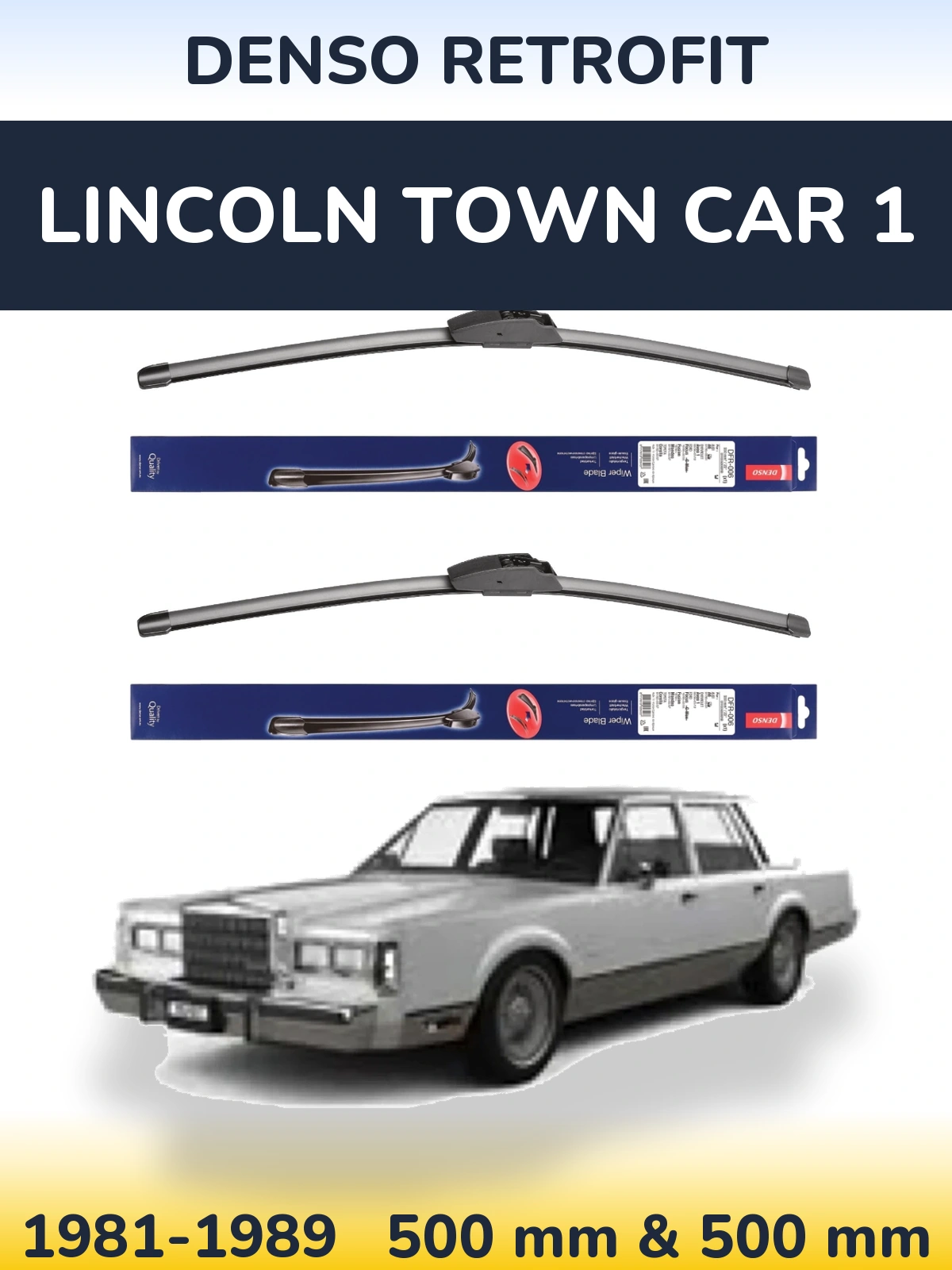 Front wiper blade set Denso Retrofit 500 & 500 mm for Lincoln Town Car 1 1981-1989