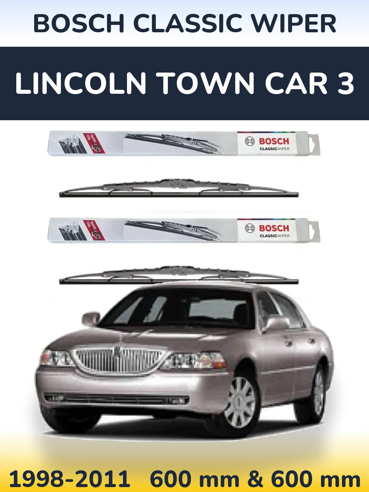 Front wiper blade set BOSCH Classic Wiper 600 & 600 mm for Lincoln Town Car 3 1998-2011