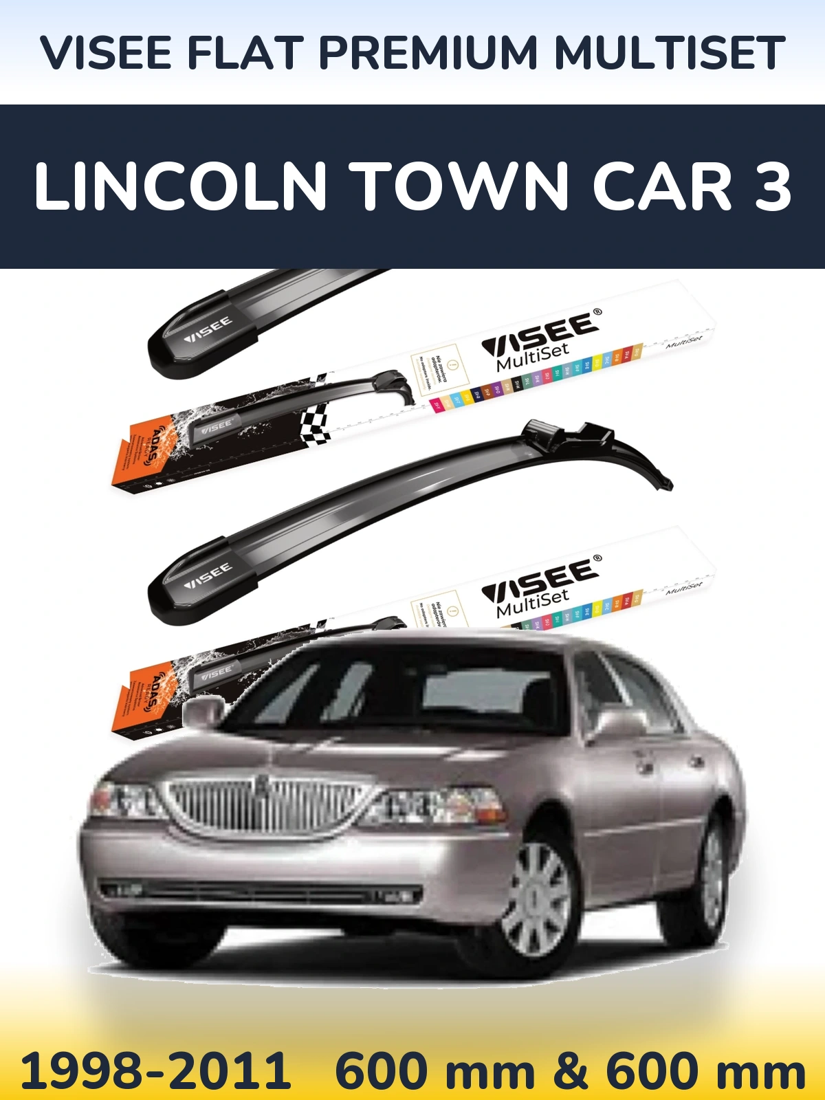 Front wiper blade set VISEE FLAT PREMIUM MultiSet 600 & 600 mm for Lincoln Town Car 3 1998-2011
