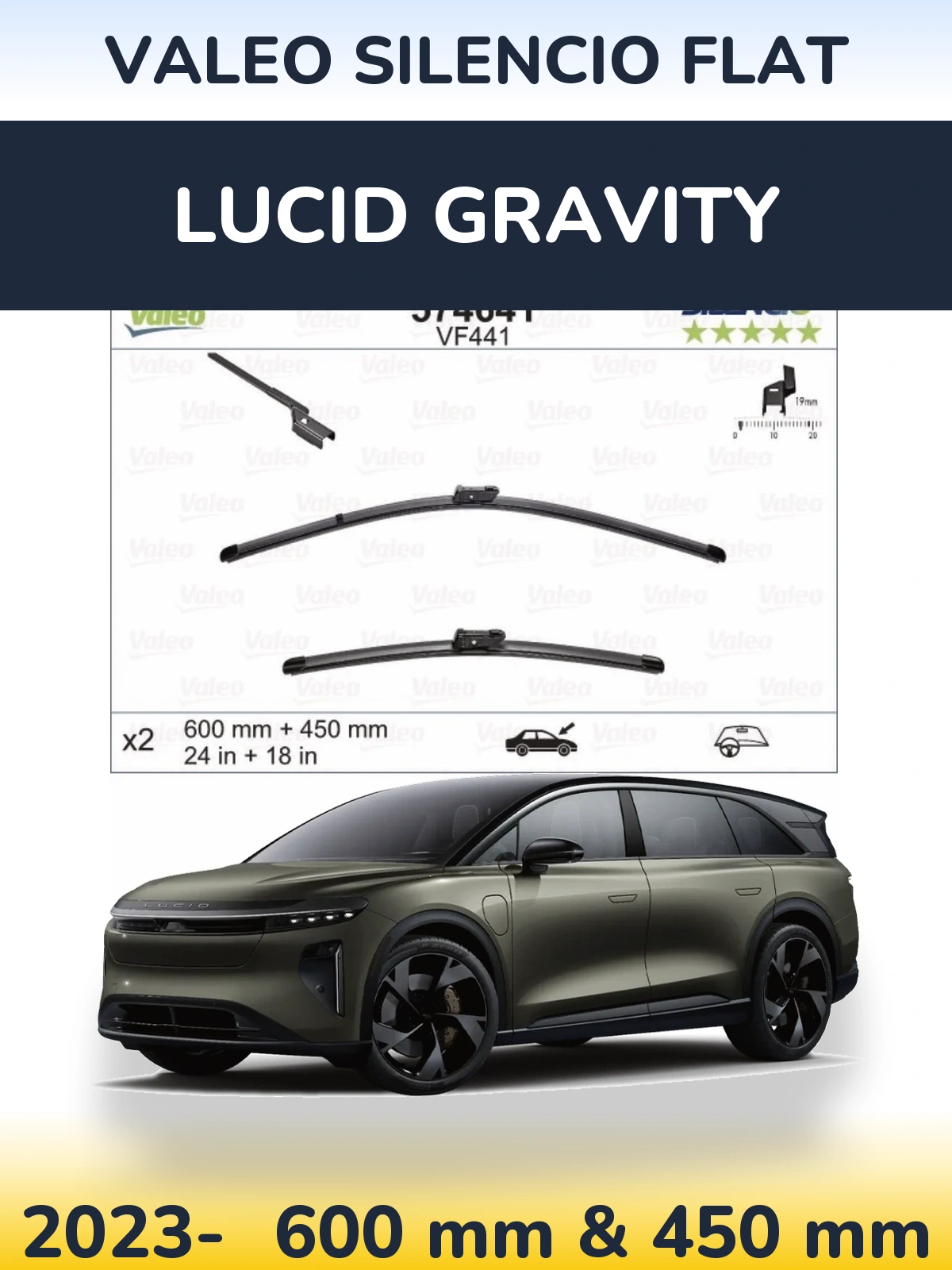 Front wiper blade set Valeo Silencio Flat 600 & 450 mm for Lucid Gravity 2023-2026