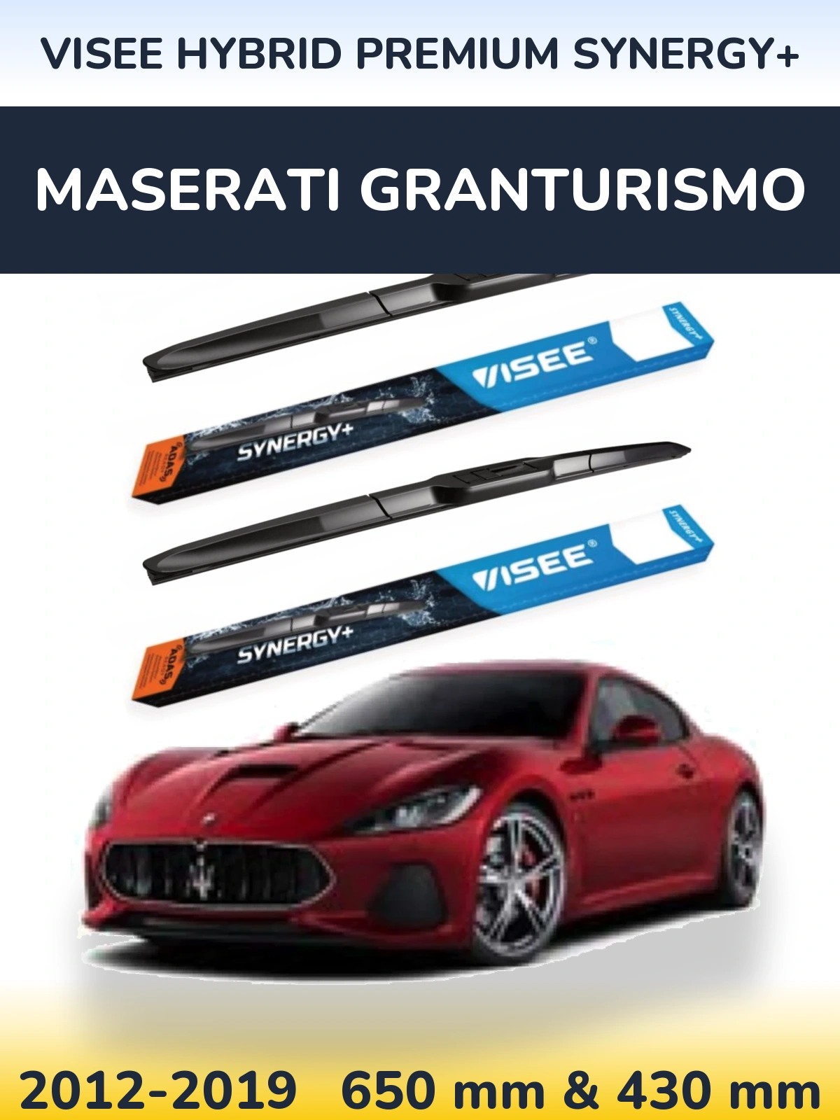 Front wiper blade set VISEE HYBRID PREMIUM SYNERGY+ 650 & 430 mm for Maserati GranTurismo 2012-2019