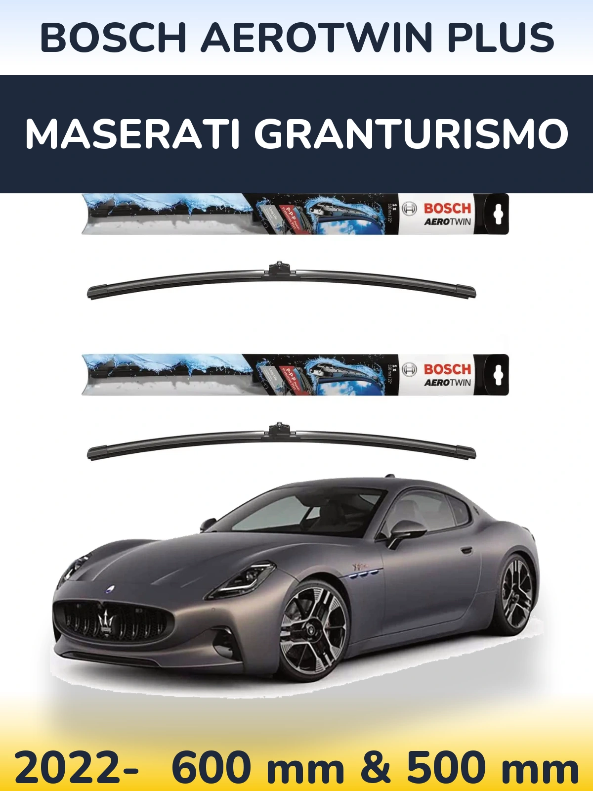 Front wiper blade set BOSCH AeroTwin Plus 600 & 500 mm for Maserati GranTurismo 2022-2026