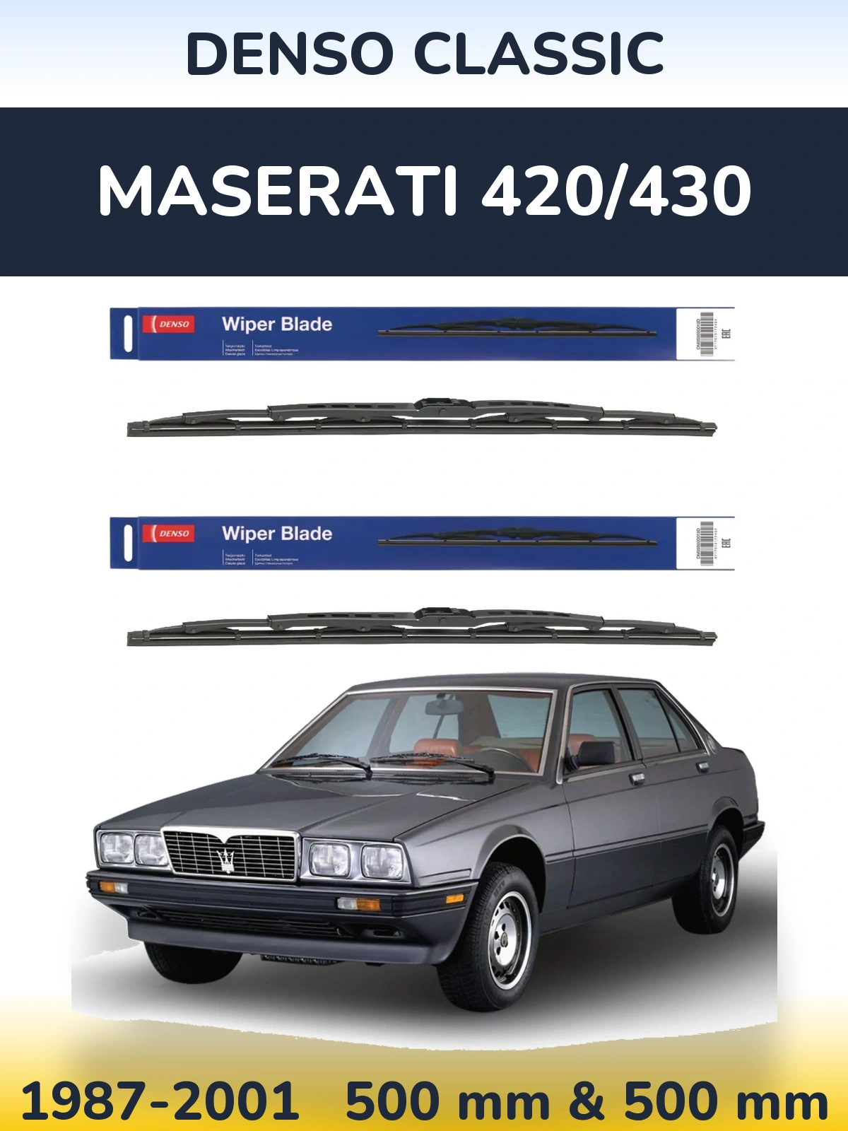 Front wiper blade set Denso Classic 500 & 500 mm for Maserati 420/430 1987-2001