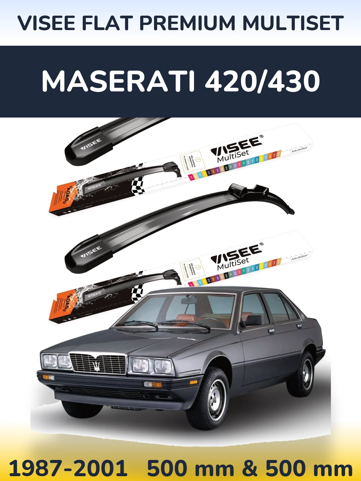 Front wiper blade set VISEE FLAT PREMIUM MultiSet 500 & 500 mm for Maserati 420/430 1987-2001