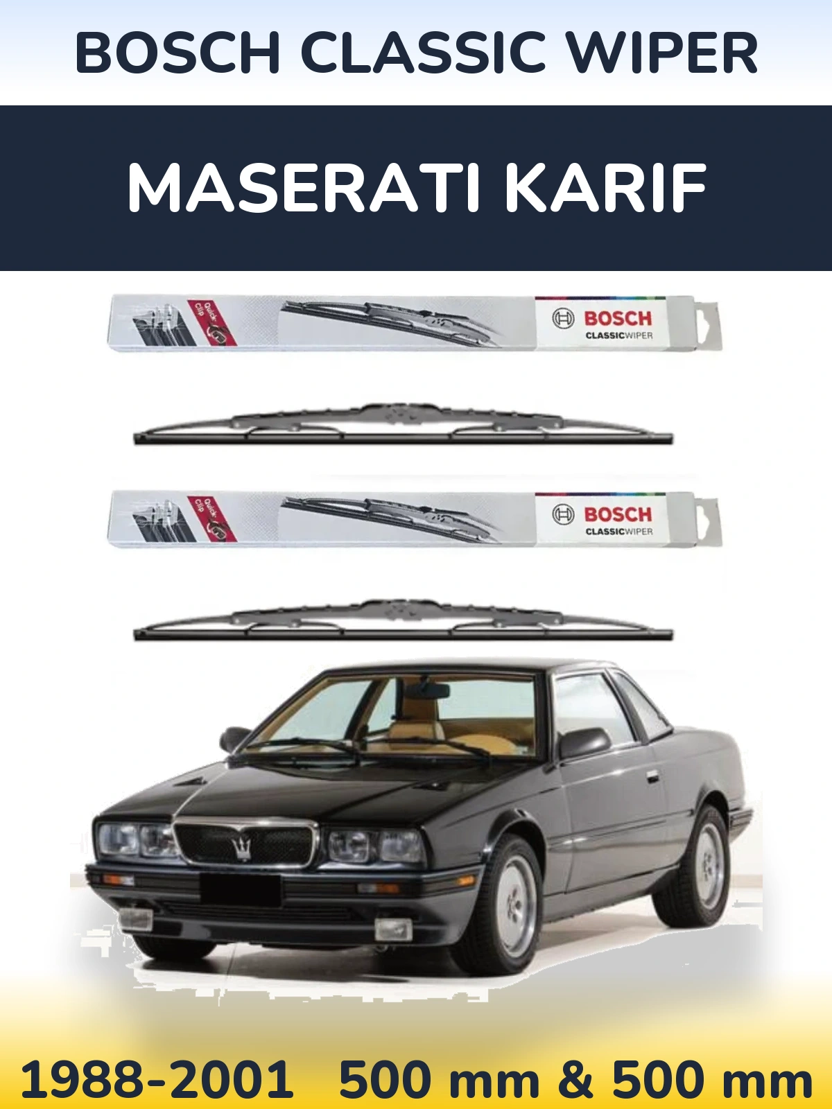 Front wiper blade set BOSCH Classic Wiper 500 & 500 mm for Maserati Karif 1988-2001