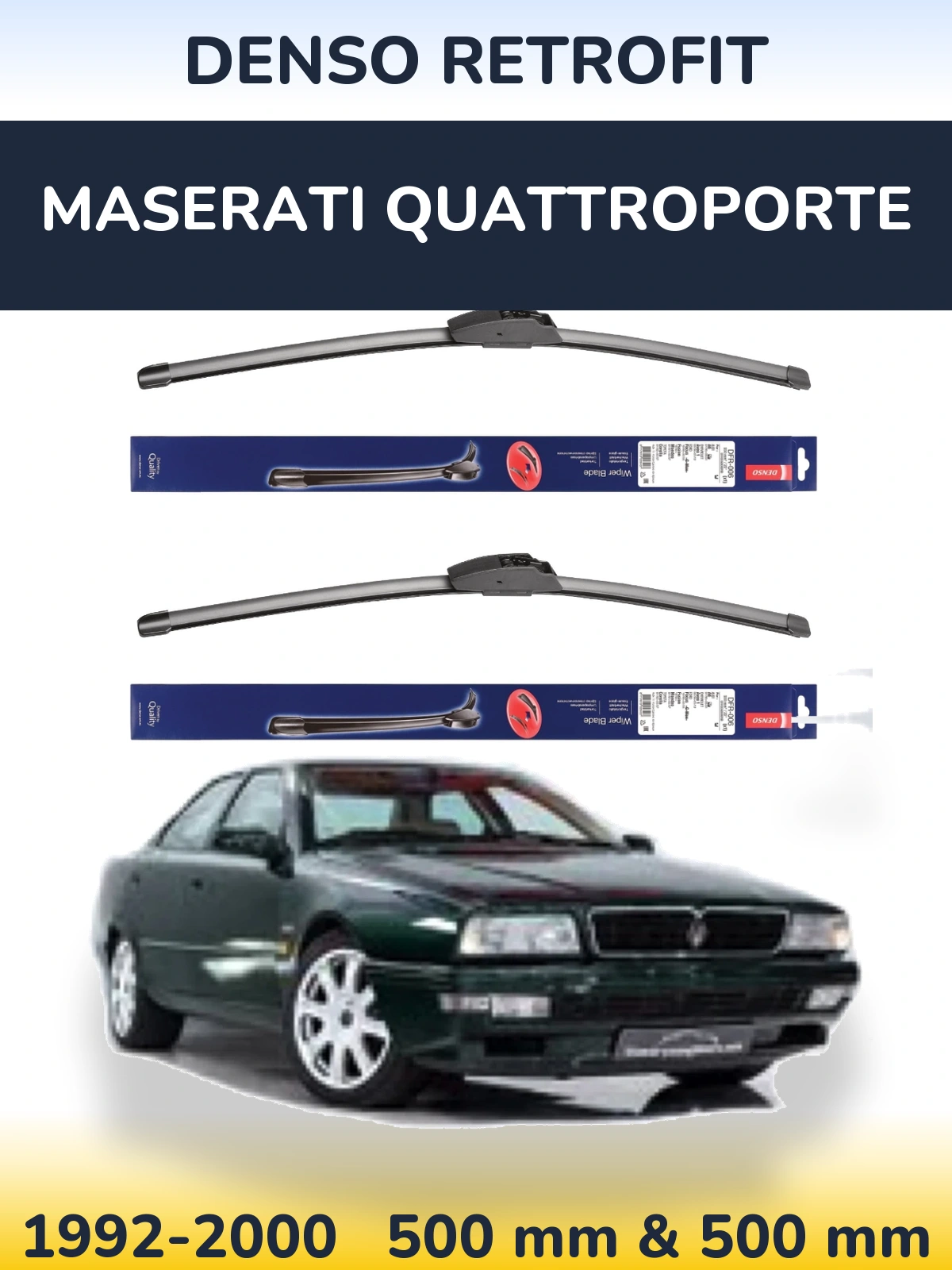 Front wiper blade set Denso Retrofit 500 & 500 mm for Maserati Quattroporte 1992-2000