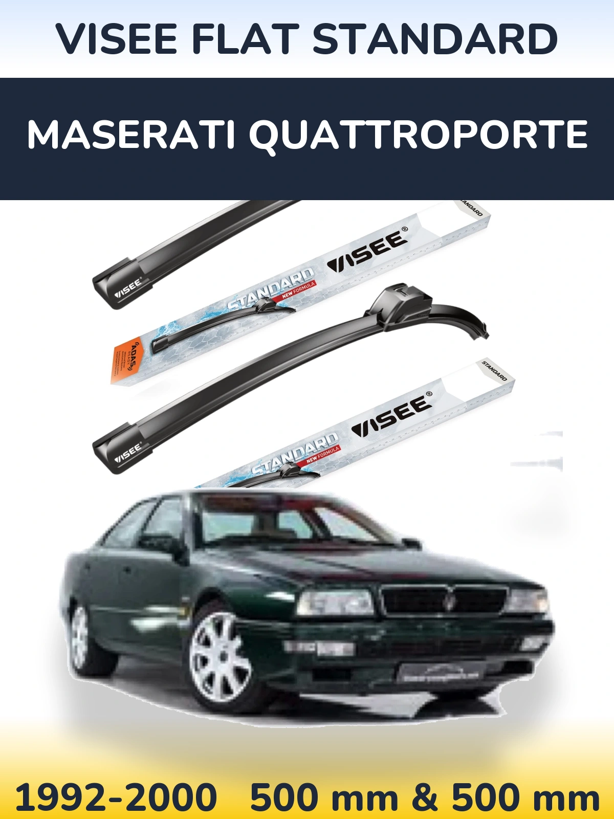 Front wiper blade set VISEE FLAT STANDARD 500 & 500 mm for Maserati Quattroporte 1992-2000