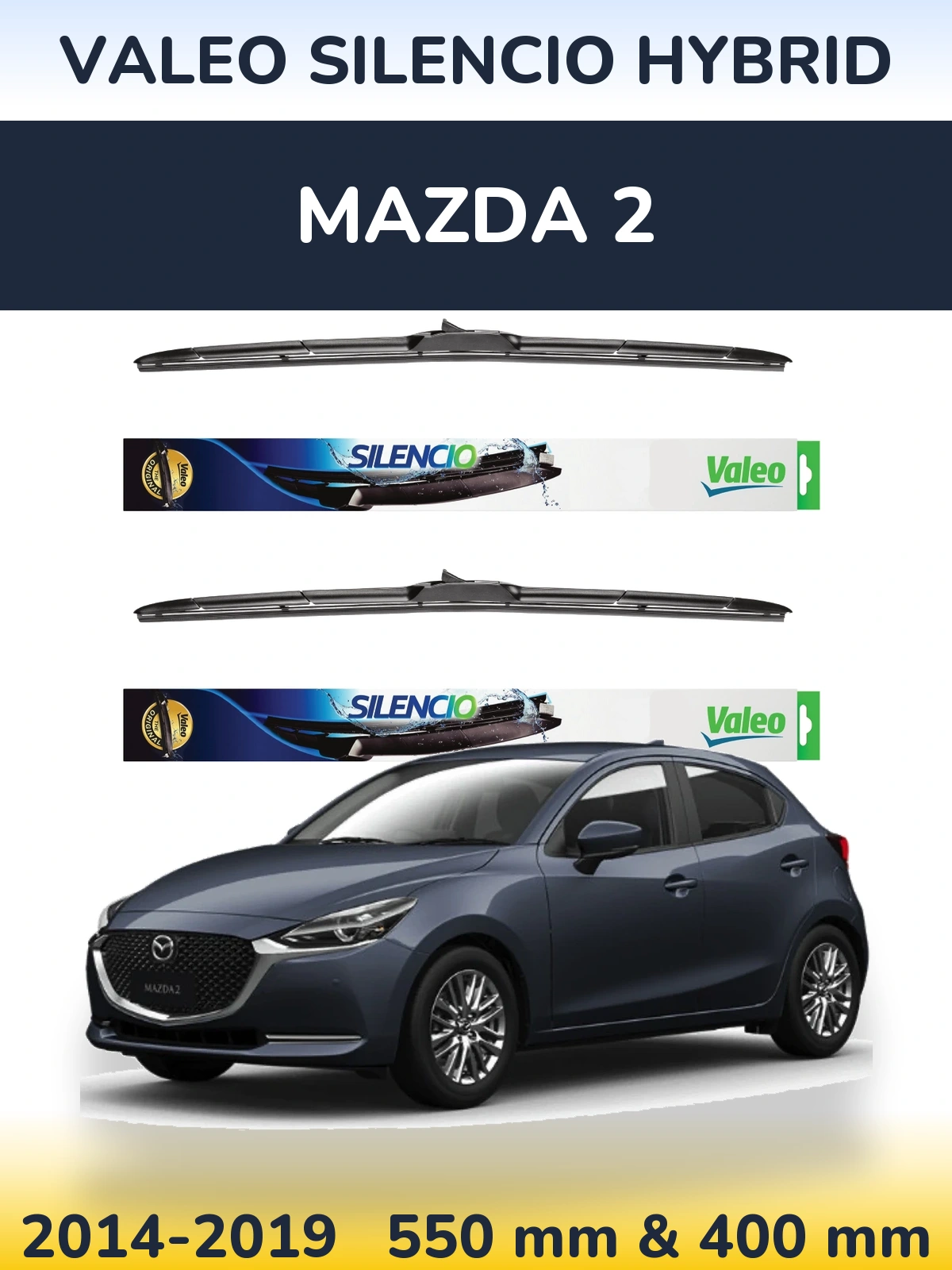 Front wiper blade set Valeo Silencio Hybrid 550 & 400 mm for Mazda 2 2014-2019