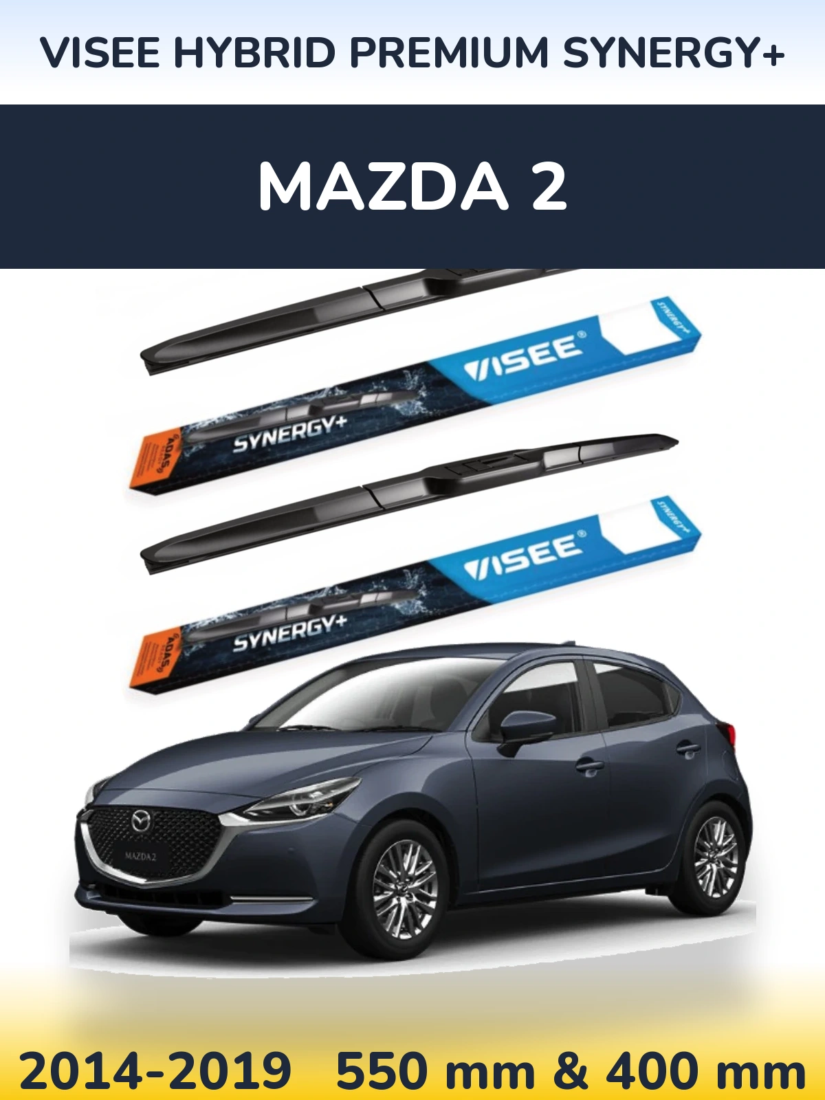 Front wiper blade set VISEE HYBRID PREMIUM SYNERGY+ 550 & 400 mm for Mazda 2 2014-2019