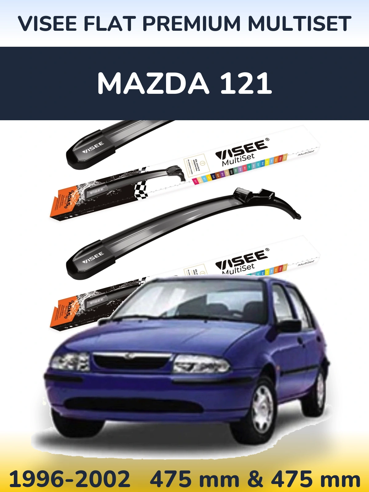 Front wiper blade set VISEE FLAT PREMIUM MultiSet 475 & 475 mm for Mazda 121 1996-2002