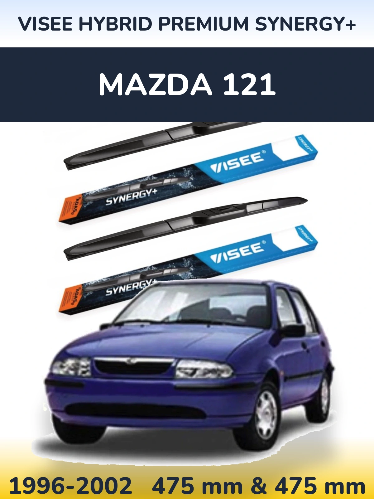 Front wiper blade set VISEE HYBRID PREMIUM SYNERGY+ 475 & 475 mm for Mazda 121 1996-2002