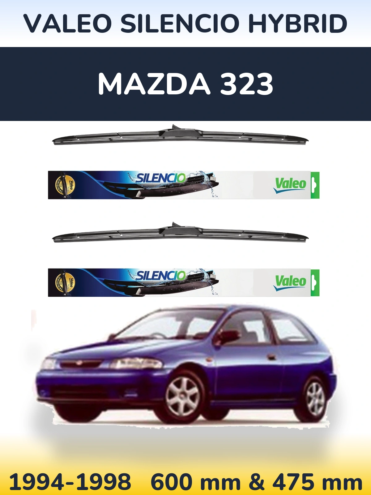 Front wiper blade set Valeo Silencio Hybrid 600 & 475 mm for Mazda 323 1994-1998