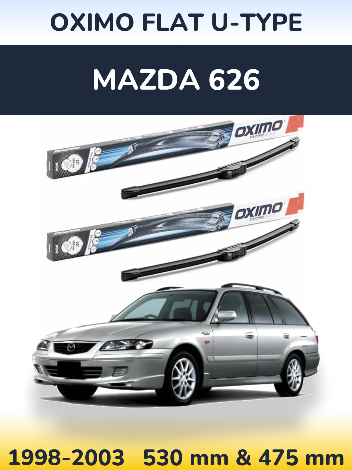 Front wiper blade set Oximo Flat U-type 530 & 475 mm for Mazda 626 1998-2003