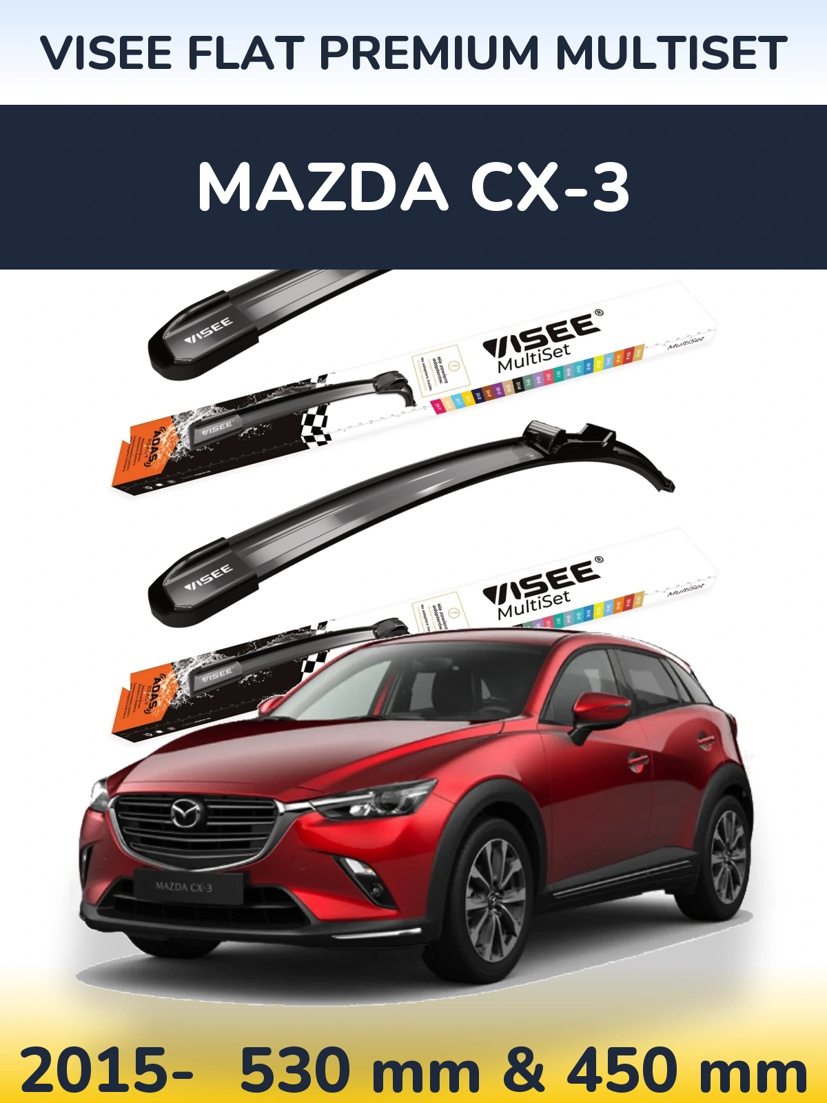 Front wiper blade set VISEE FLAT PREMIUM MultiSet 530 & 450 mm for Mazda CX-3 2015-2026