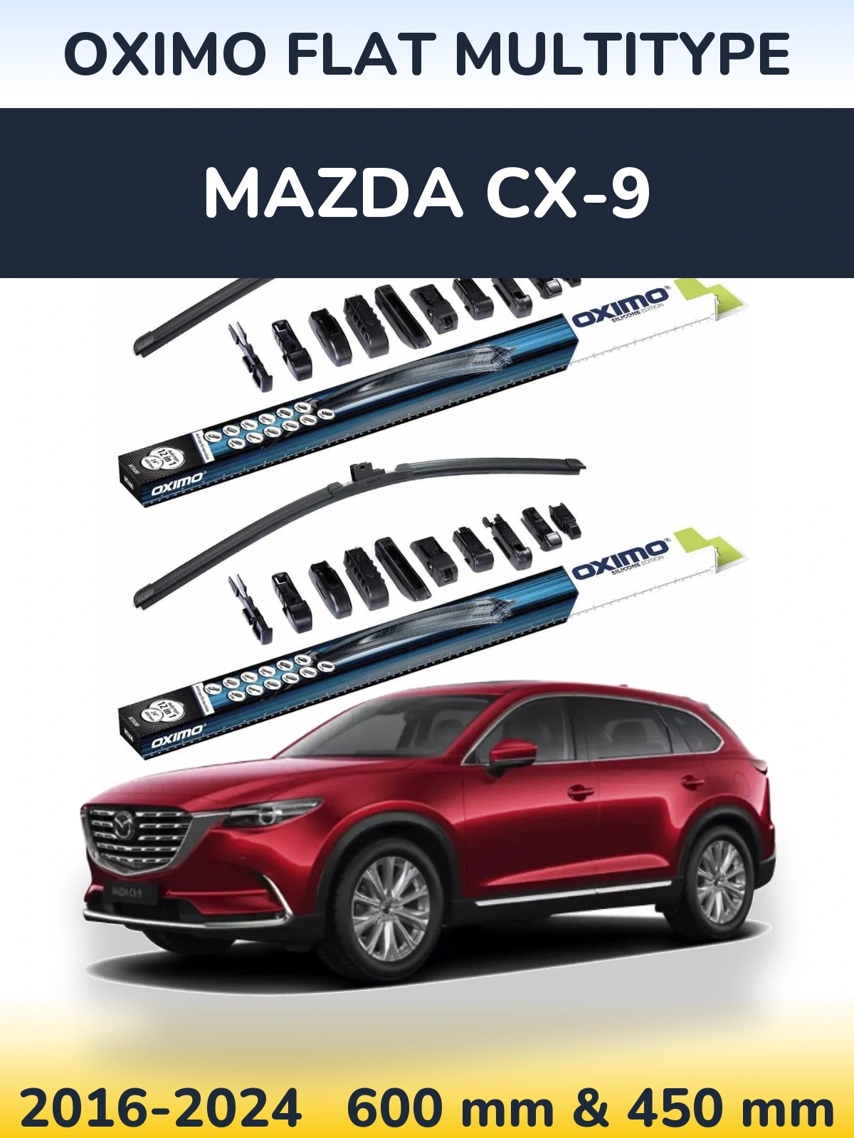 Front wiper blade set Oximo Flat MultiTypee 600 & 450 mm for Mazda CX-9 2016-2024
