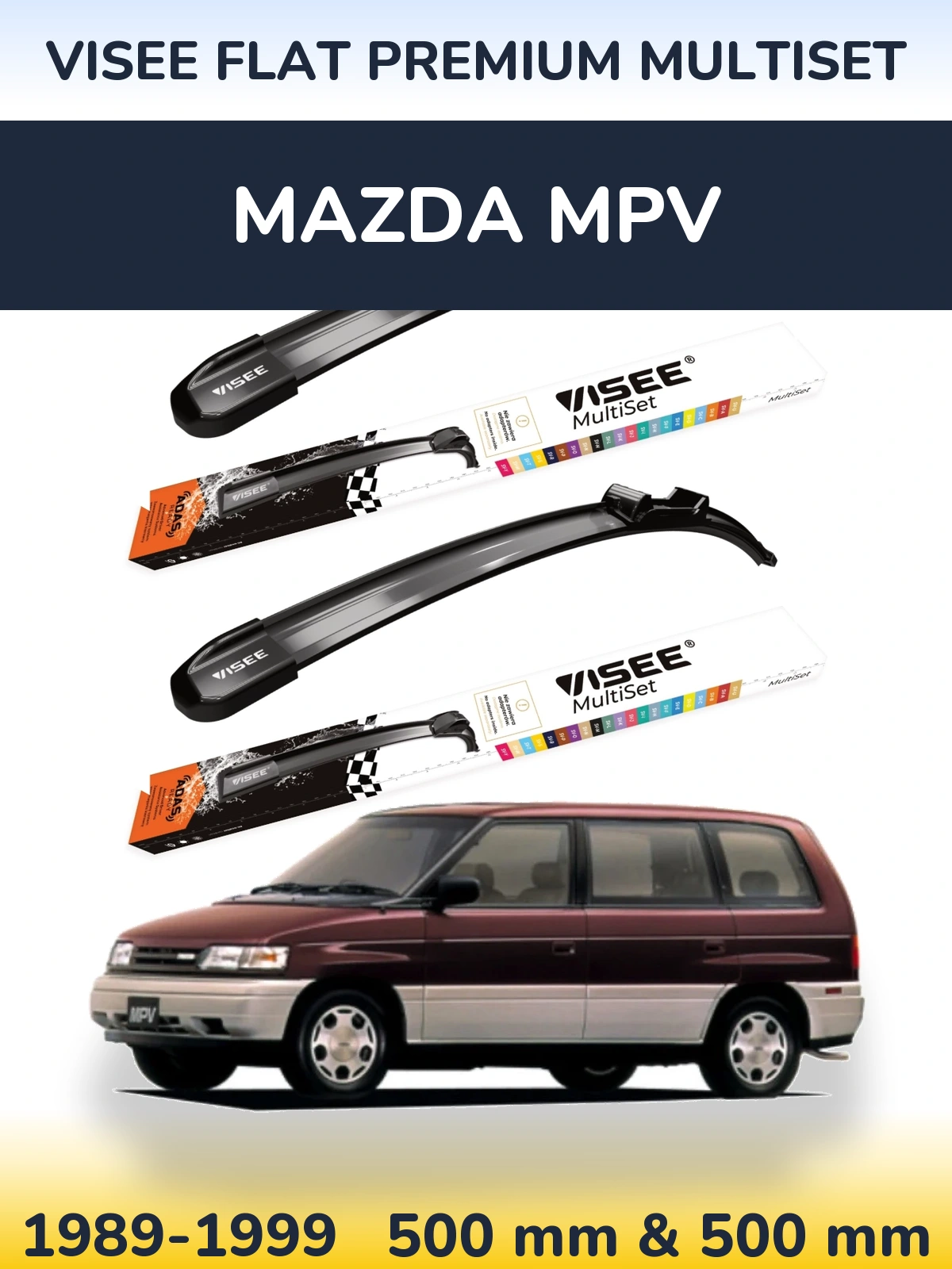 Front wiper blade set VISEE FLAT PREMIUM MultiSet 500 & 500 mm for Mazda MPV 1989-1999