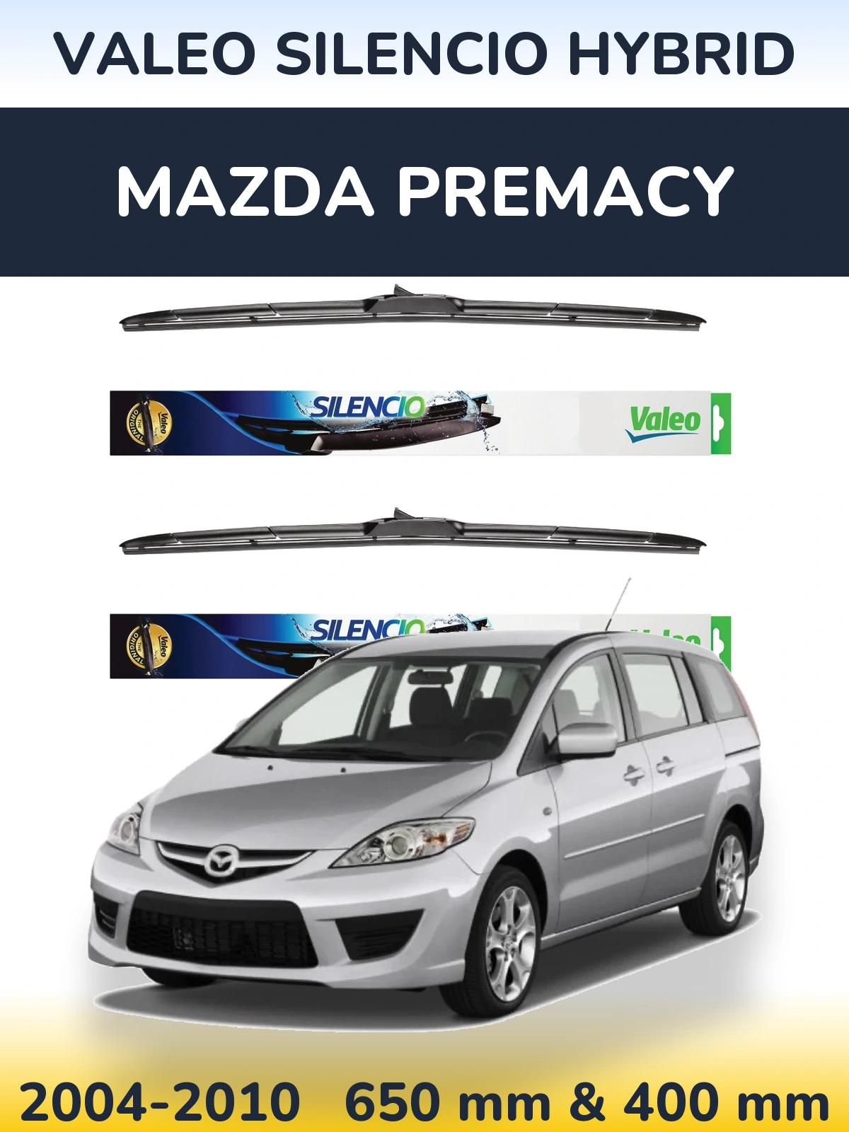 Front wiper blade set Valeo Silencio Hybrid 650 & 400 mm for Mazda Premacy 2004-2010