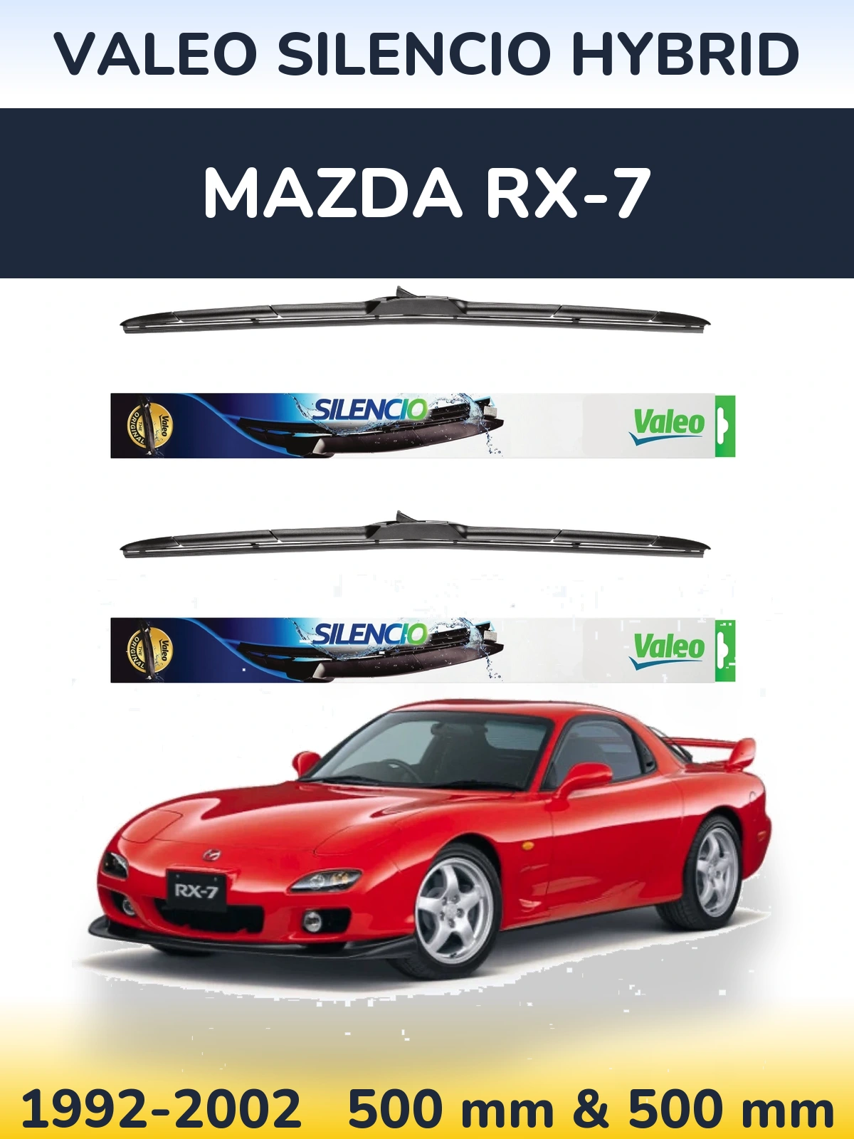 Front wiper blade set Valeo Silencio Hybrid 500 & 500 mm for Mazda RX-7 1992-2002