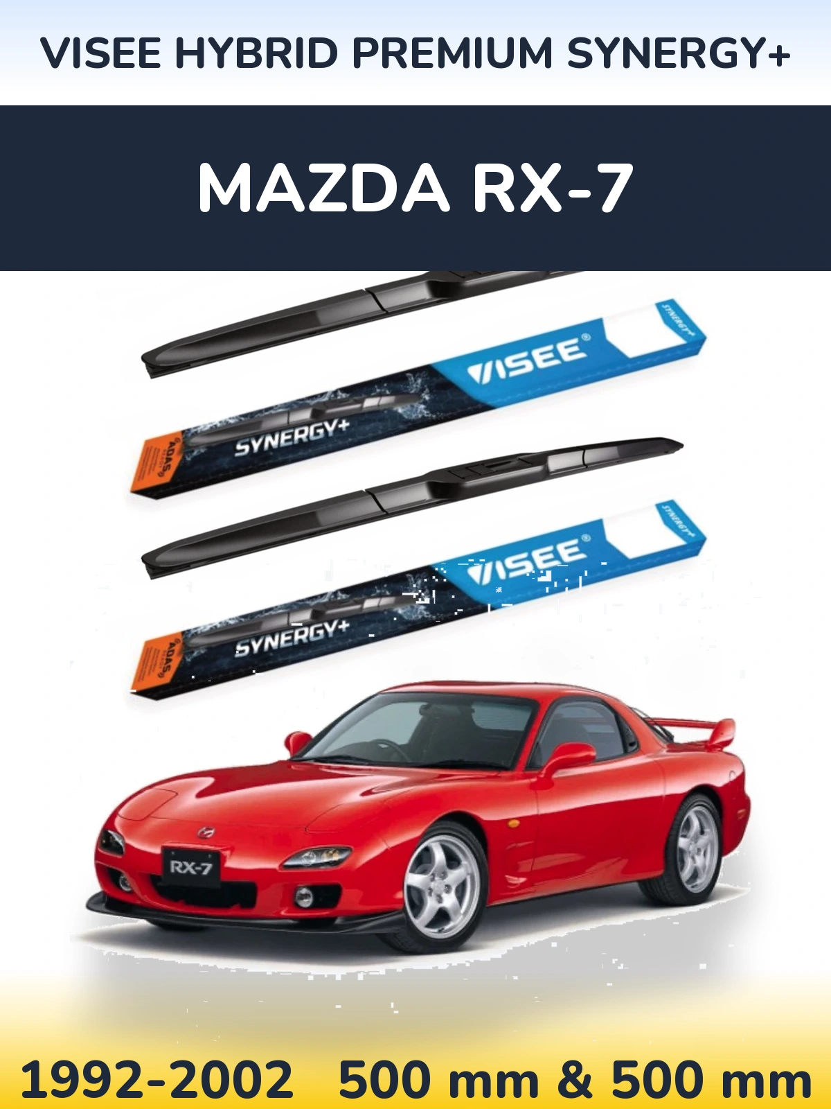 Front wiper blade set VISEE HYBRID PREMIUM SYNERGY+ 500 & 500 mm for Mazda RX-7 1992-2002