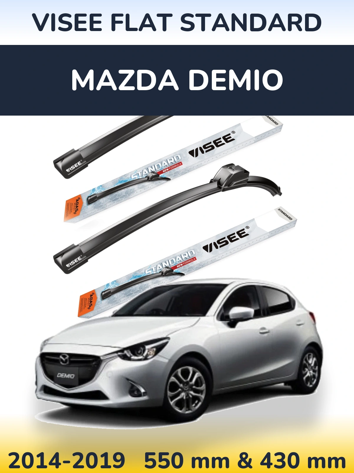Front wiper blade set VISEE FLAT STANDARD 550 & 430 mm for Mazda Demio 2014-2019