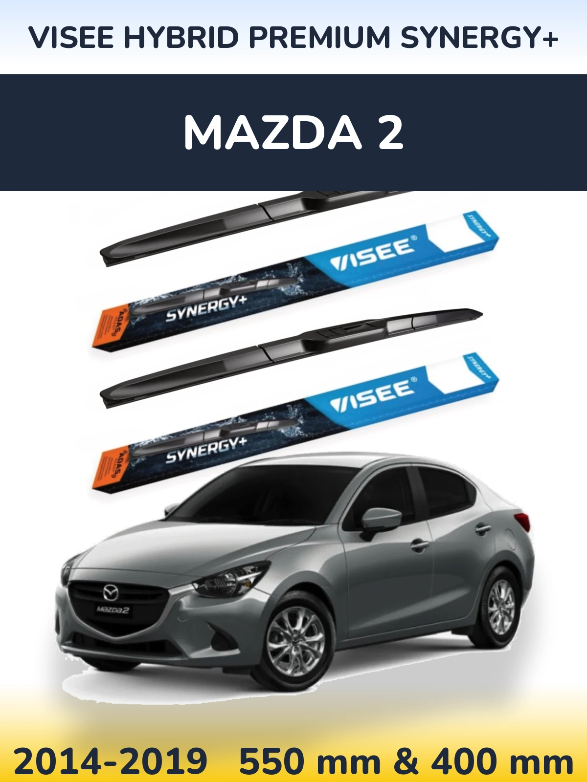 Front wiper blade set VISEE HYBRID PREMIUM SYNERGY+ 550 & 400 mm for Mazda 2 2014-2019