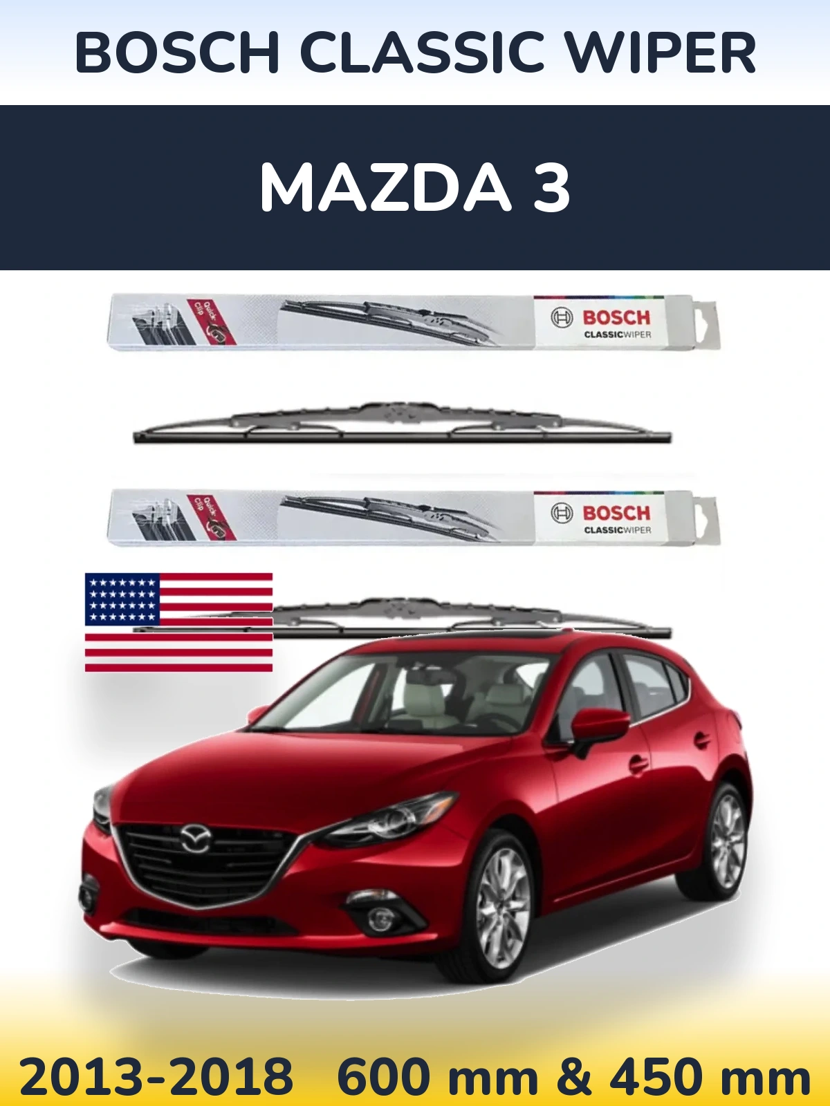 Front wiper blade set BOSCH Classic Wiper 600 & 450 mm for Mazda 3 2013-2018