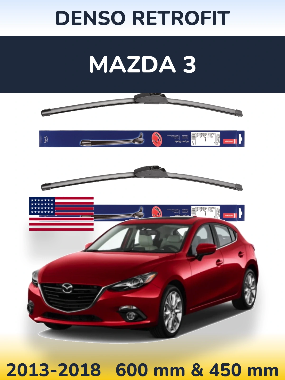 Front wiper blade set Denso Retrofit 600 & 450 mm for Mazda 3 2013-2018
