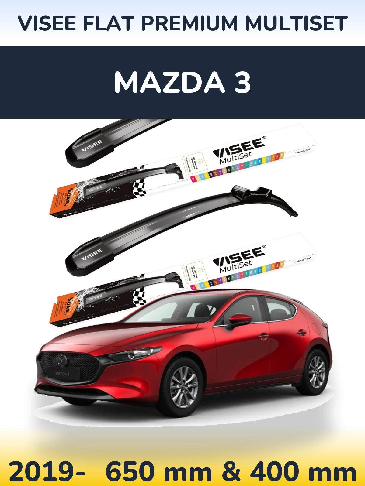 Front wiper blade set VISEE FLAT PREMIUM MultiSet 650 & 400 mm for Mazda 3 2019-2026