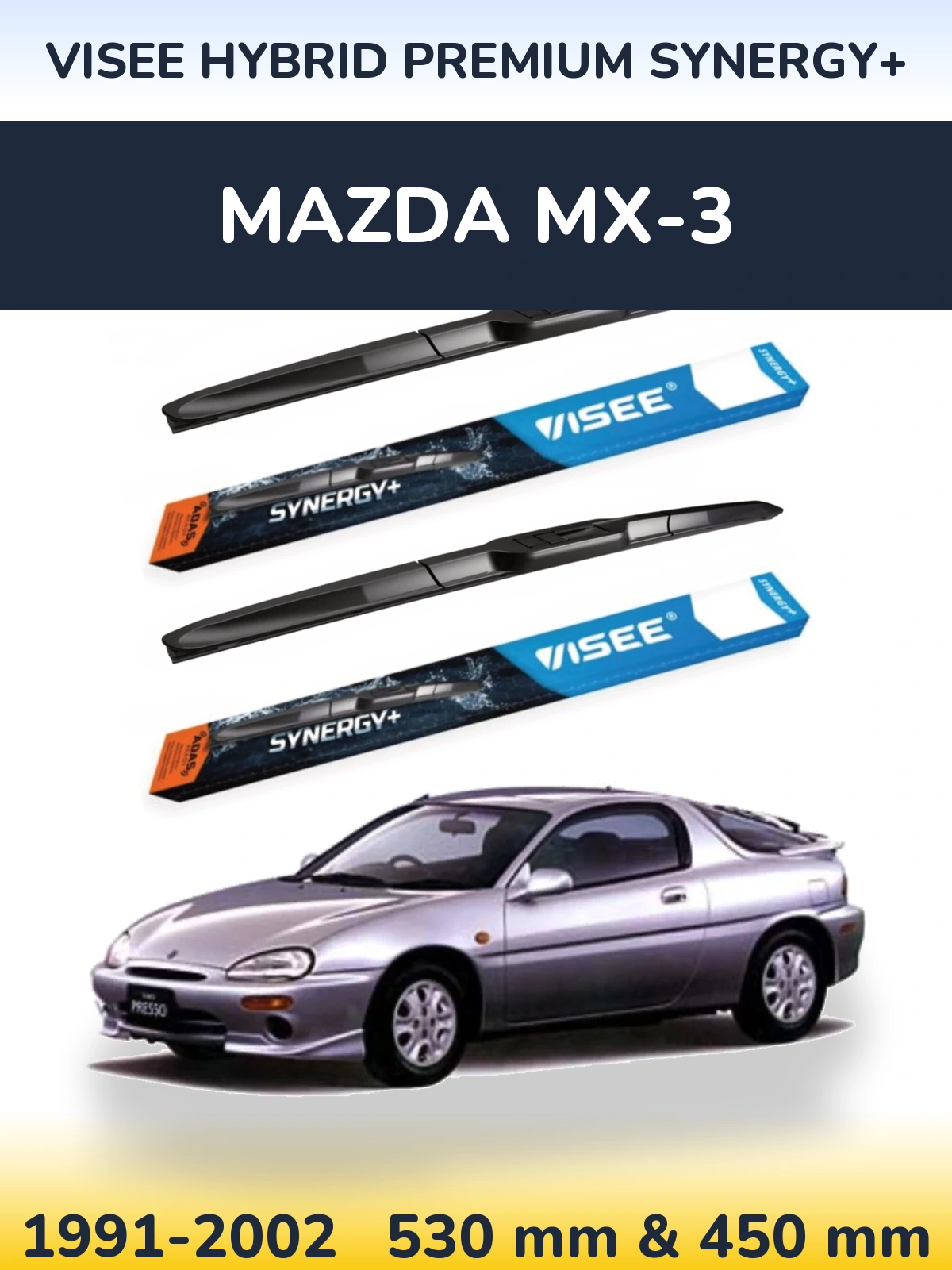 Front wiper blade set VISEE HYBRID PREMIUM SYNERGY+ 530 & 450 mm for Mazda MX-3 1991-2002