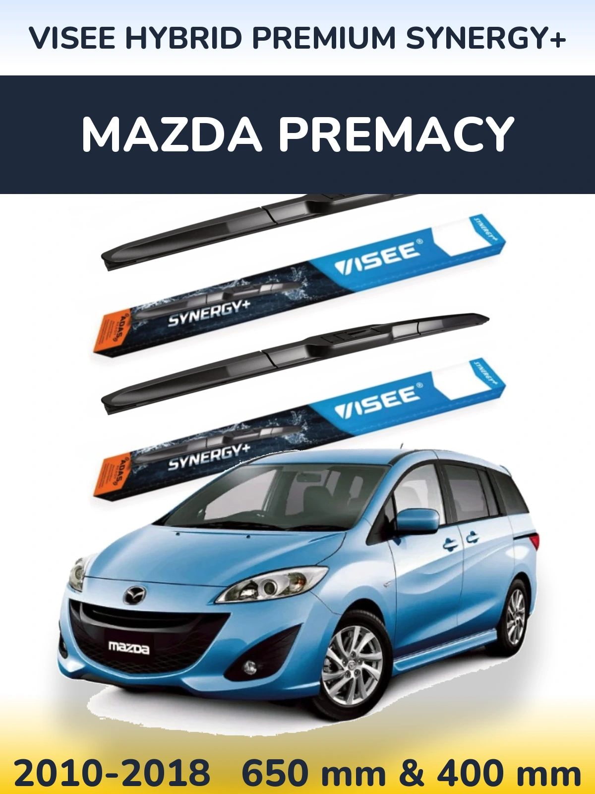 Front wiper blade set VISEE HYBRID PREMIUM SYNERGY+ 650 & 400 mm for Mazda Premacy 2010-2018