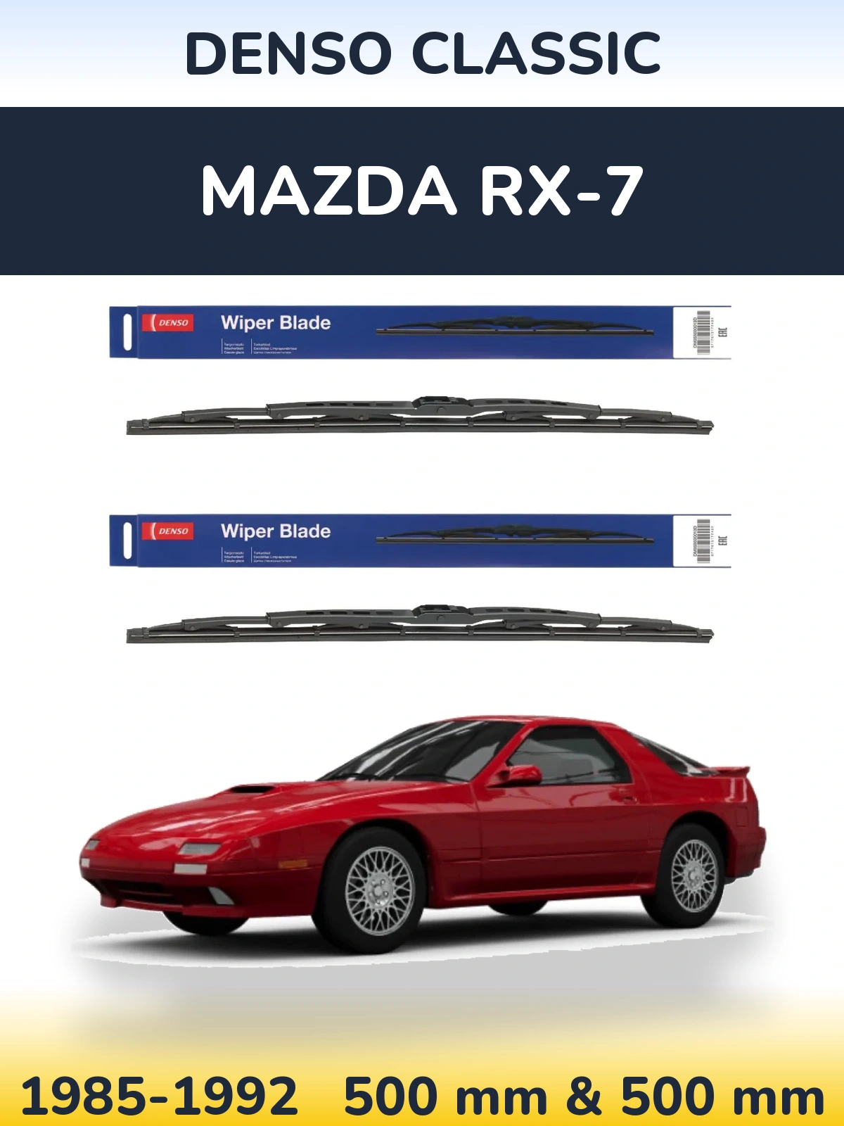 Front wiper blade set Denso Classic 500 & 500 mm for Mazda RX-7 1985-1992