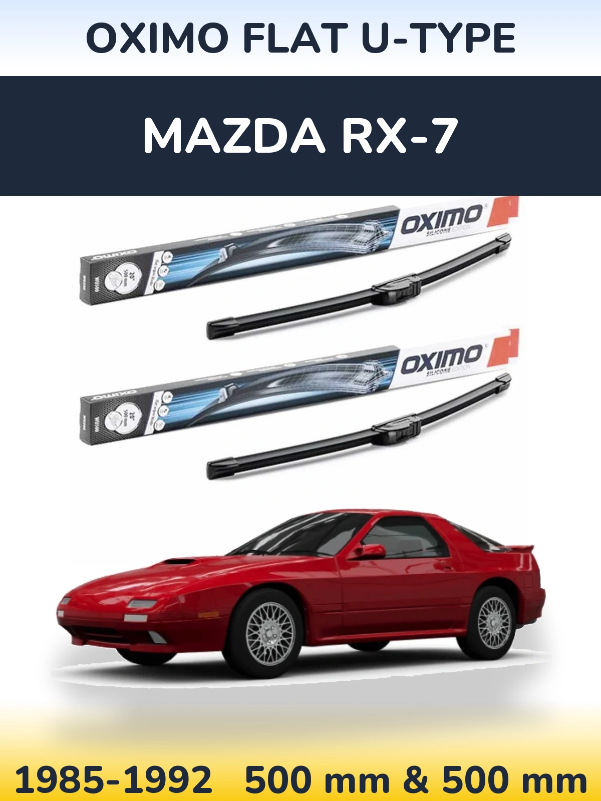Front wiper blade set Oximo Flat U-type 500 & 500 mm for Mazda RX-7 1985-1992