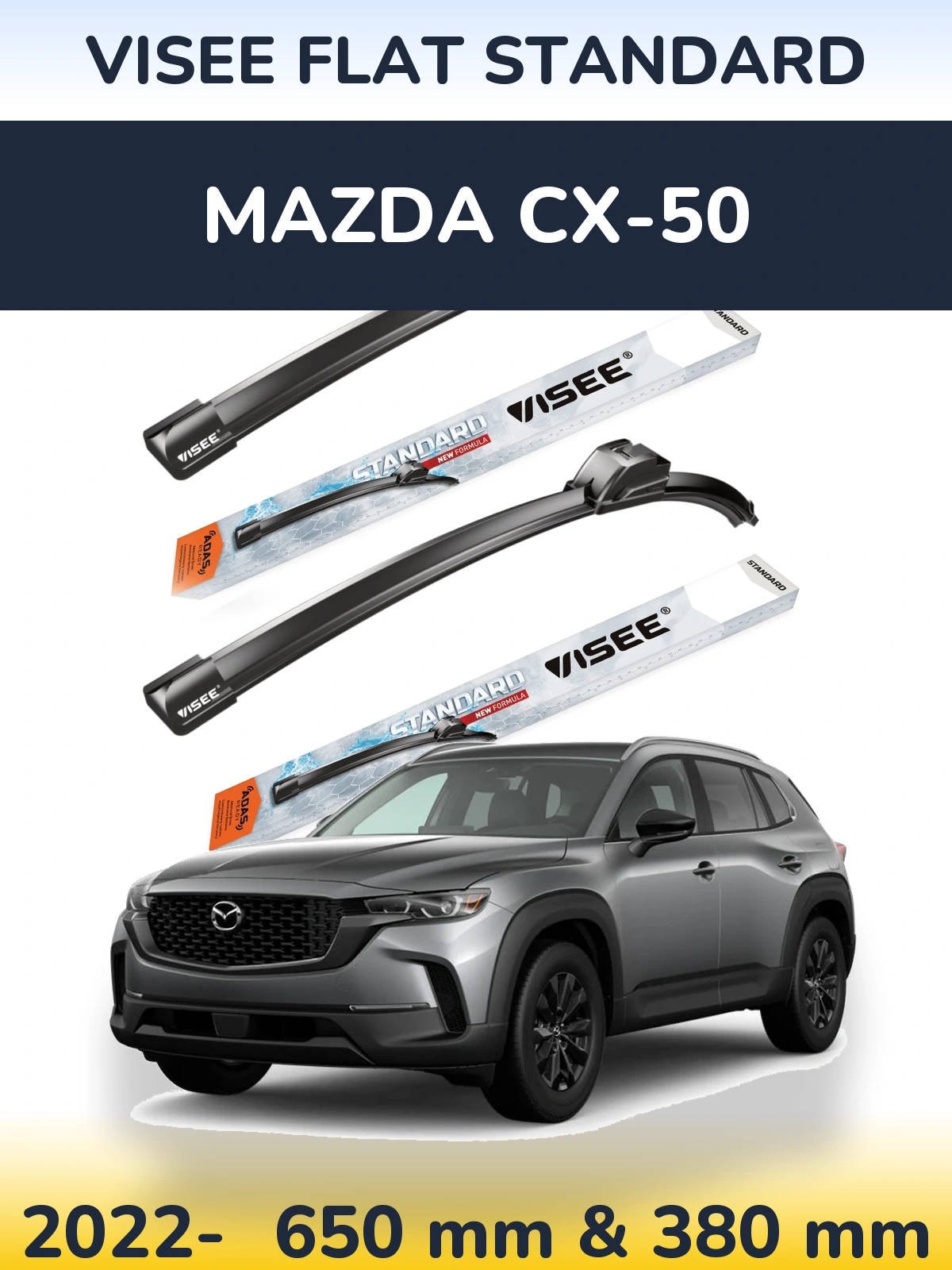 Комплект передніх щіток VISEE FLAT STANDARD 650 & 380 мм для Mazda CX-50 2022-2026