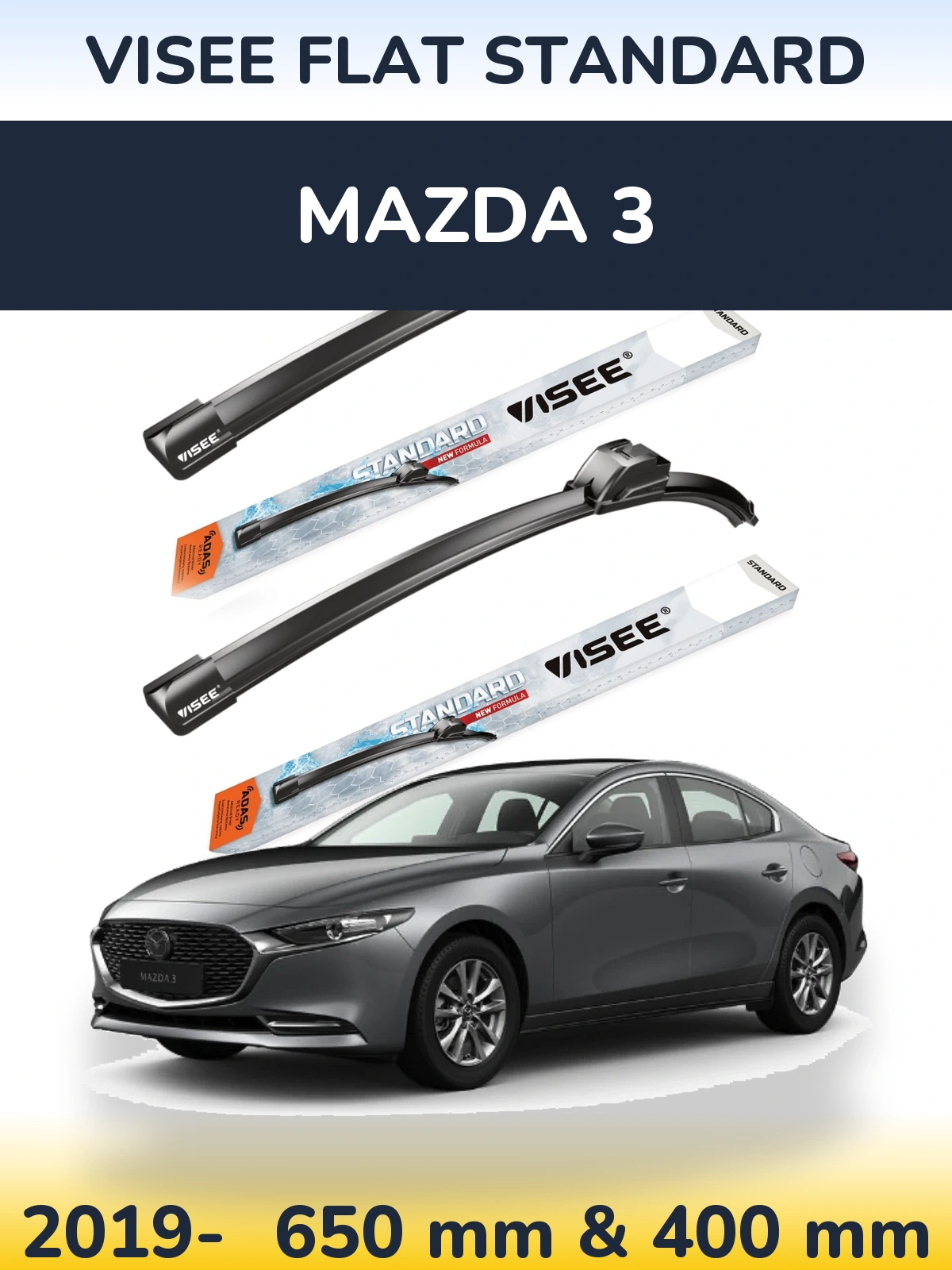 Front wiper blade set VISEE FLAT STANDARD 650 & 400 mm for Mazda 3 2019-2026