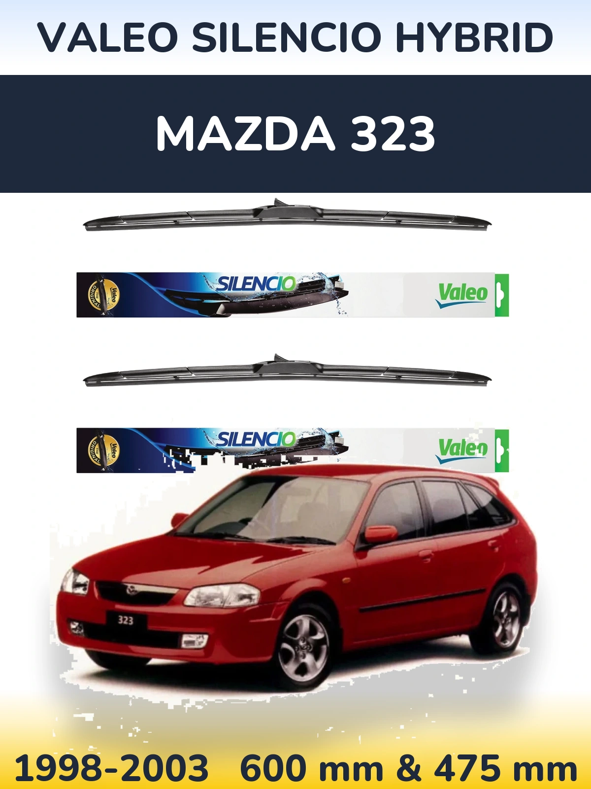 Front wiper blade set Valeo Silencio Hybrid 600 & 475 mm for Mazda 323 1998-2003