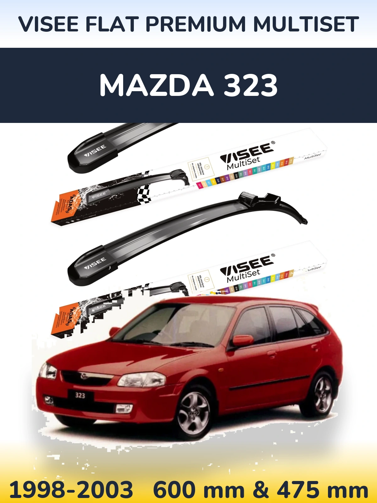 Front wiper blade set VISEE FLAT PREMIUM MultiSet 600 & 475 mm for Mazda 323 1998-2003