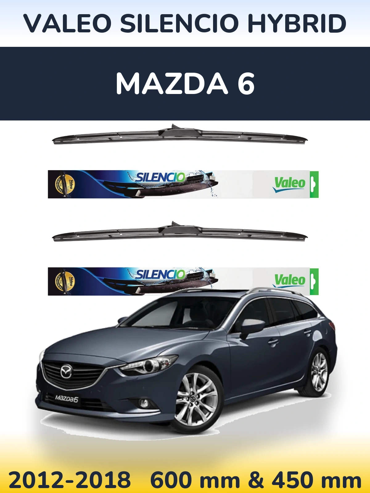 Front wiper blade set Valeo Silencio Hybrid 600 & 450 mm for Mazda 6 2012-2018