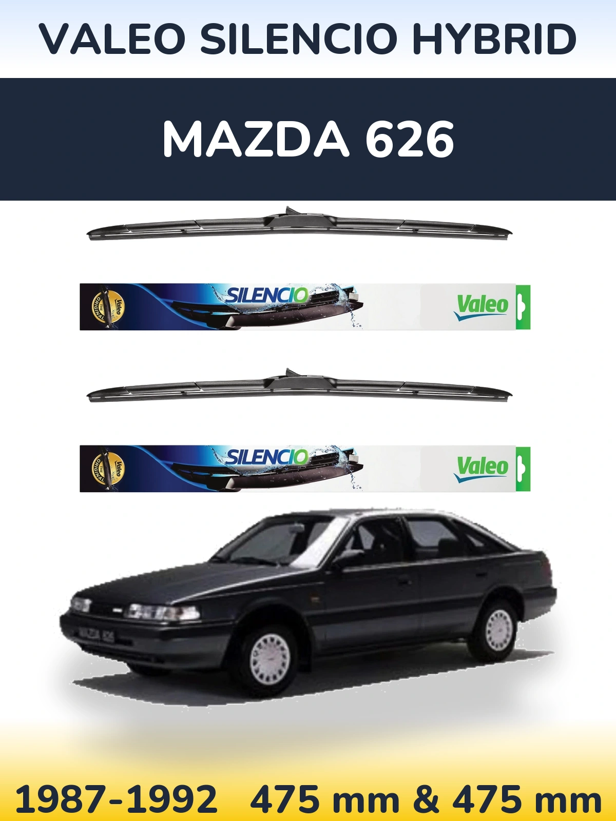 Front wiper blade set Valeo Silencio Hybrid 475 & 475 mm for Mazda 626 1987-1992
