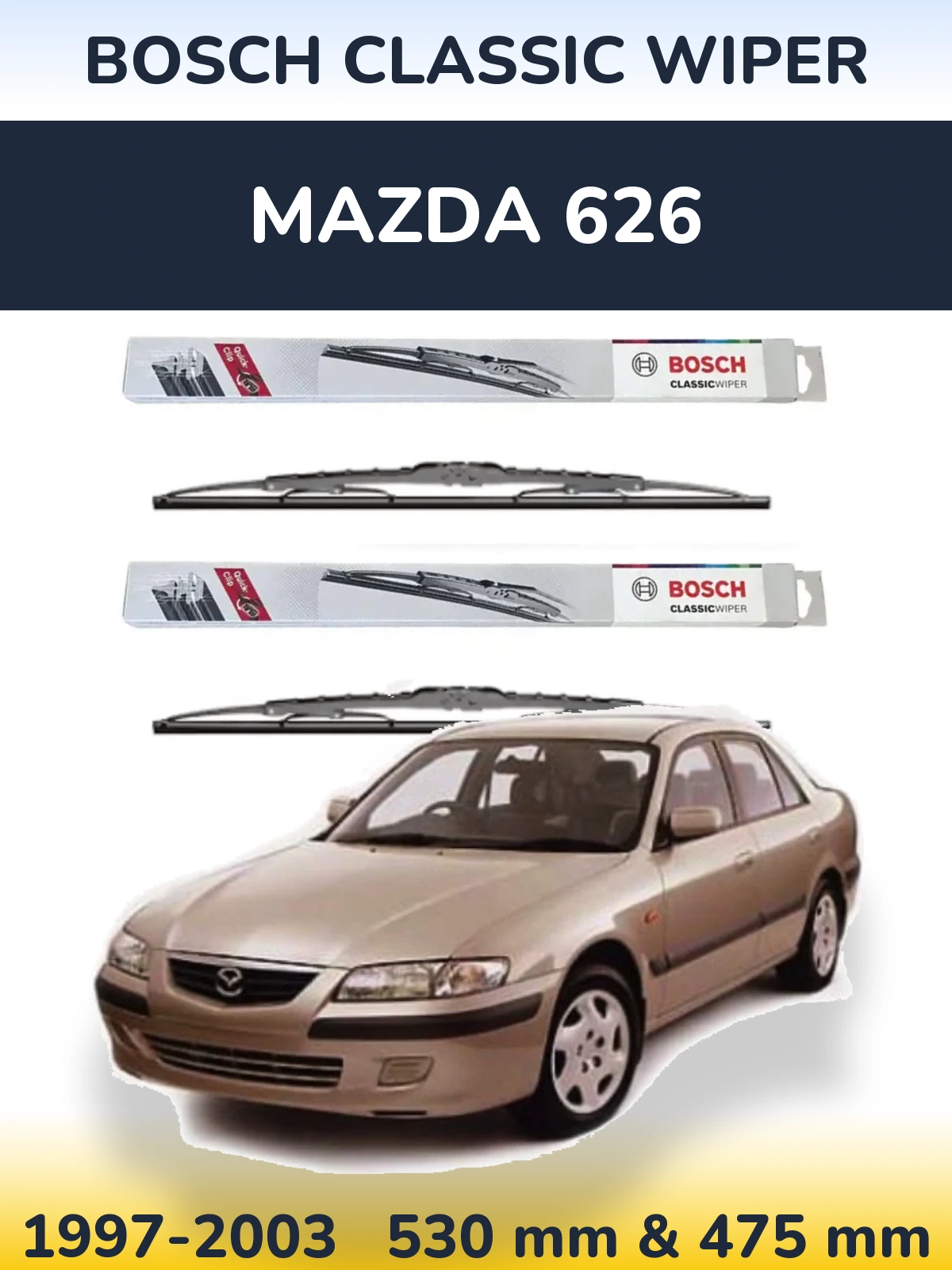 Front wiper blade set BOSCH Classic Wiper 530 & 475 mm for Mazda 626 1997-2003