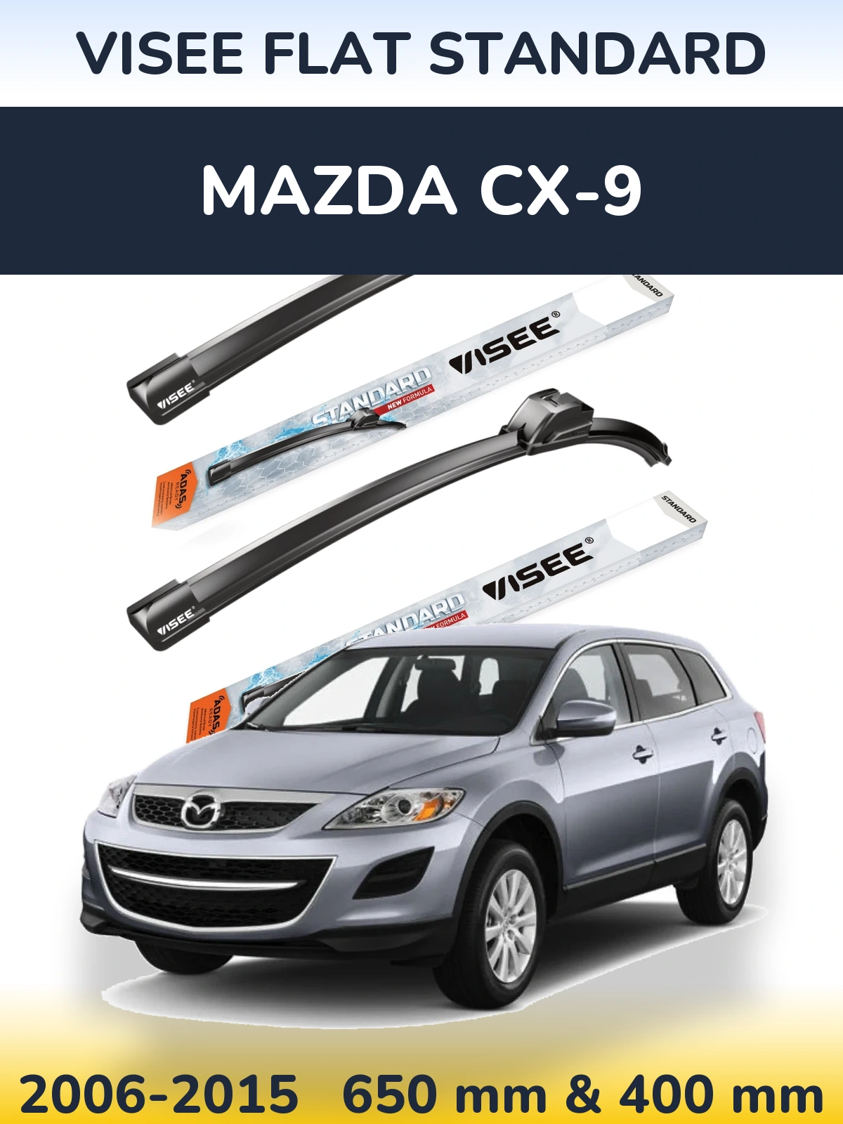 Front wiper blade set VISEE FLAT STANDARD 650 & 400 mm for Mazda CX-9 2006-2015