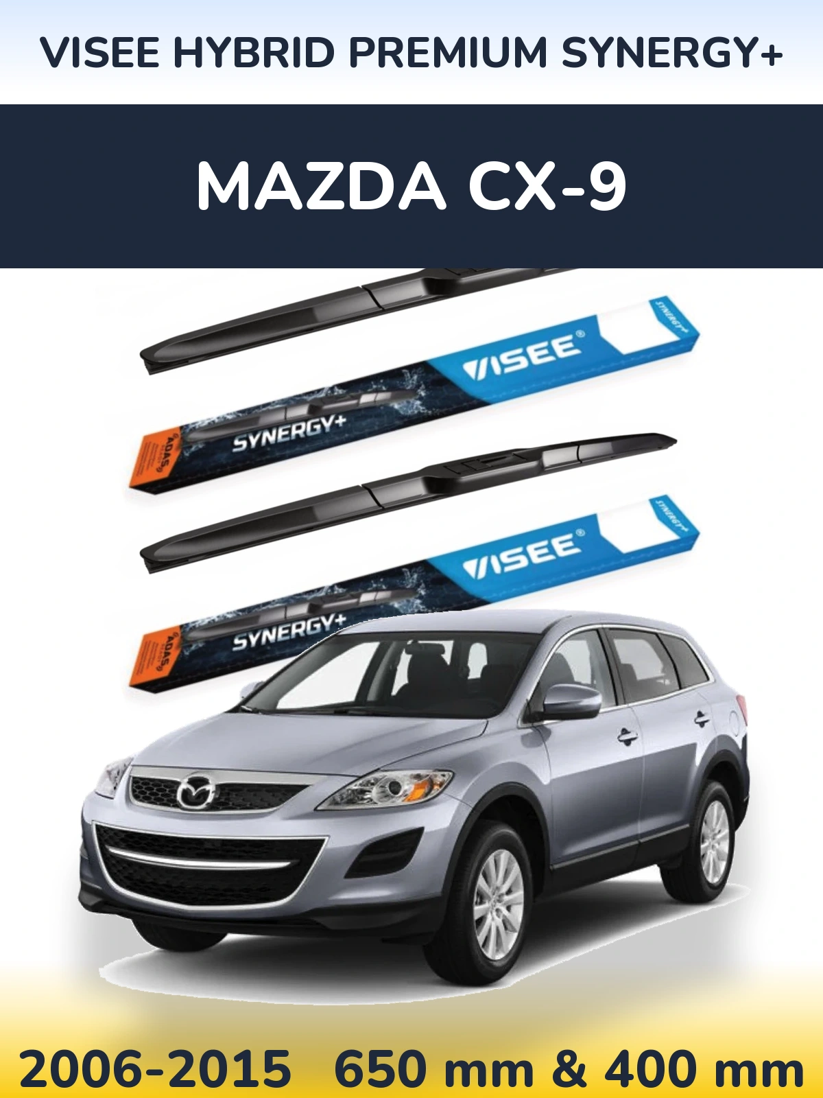 Front wiper blade set VISEE HYBRID PREMIUM SYNERGY+ 650 & 400 mm for Mazda CX-9 2006-2015