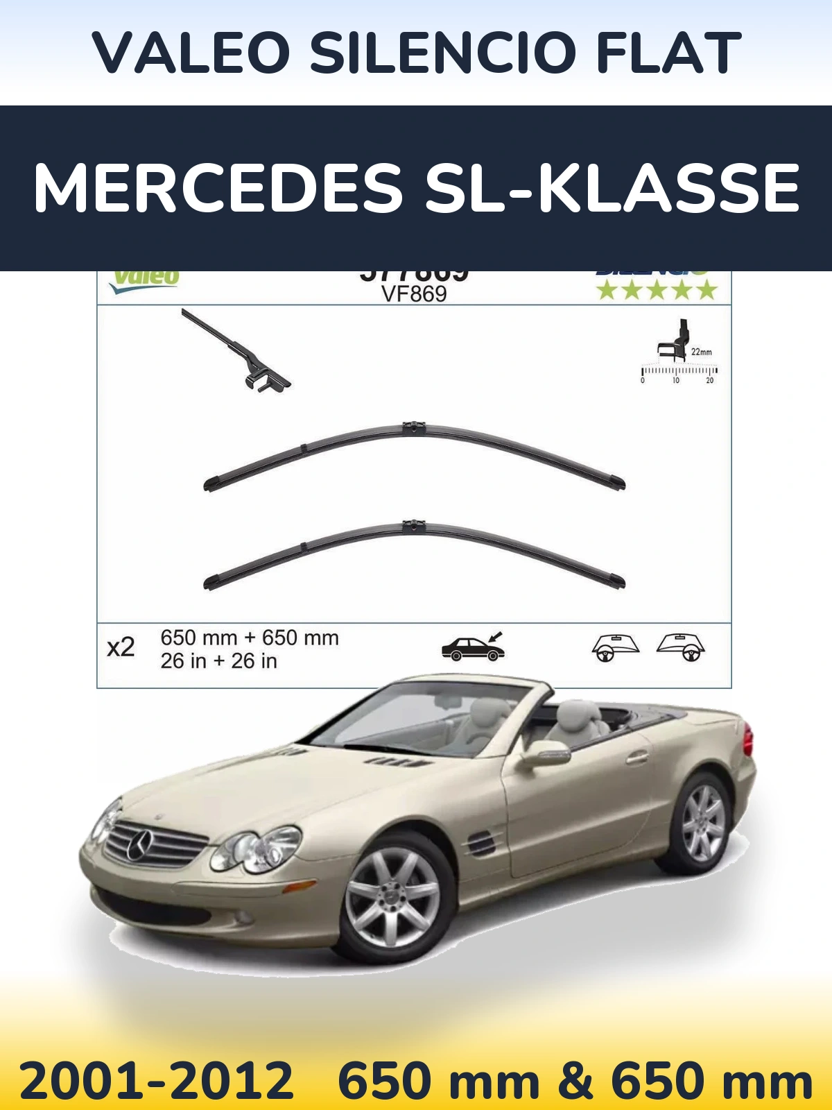 Front wiper blade set Valeo Silencio Flat 680 & 680 mm for Mercedes SL-Klasse 2001-2012