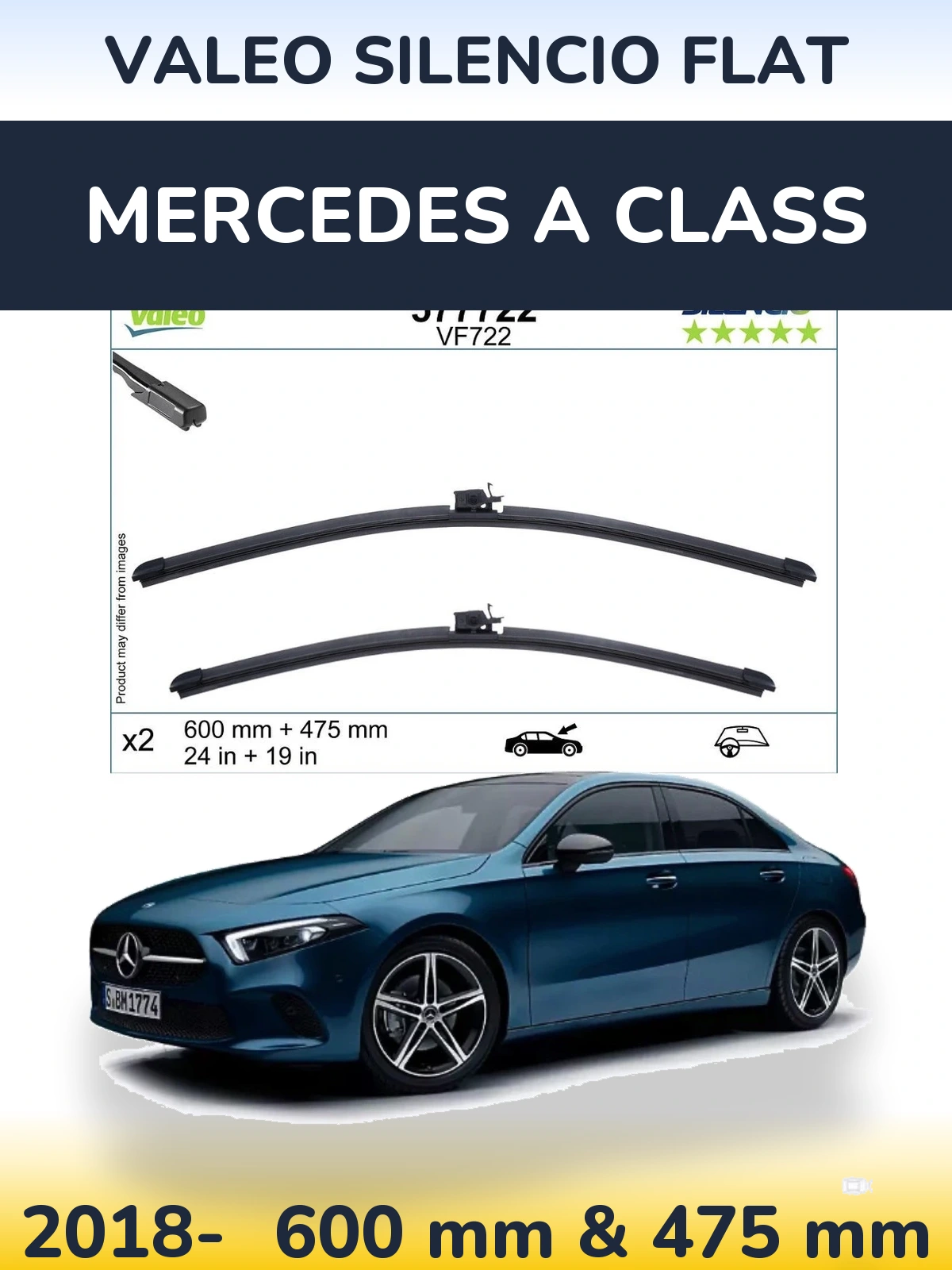 Front wiper blade set Valeo Silencio Flat 600 & 475 mm for Mercedes A Class 2018-2026