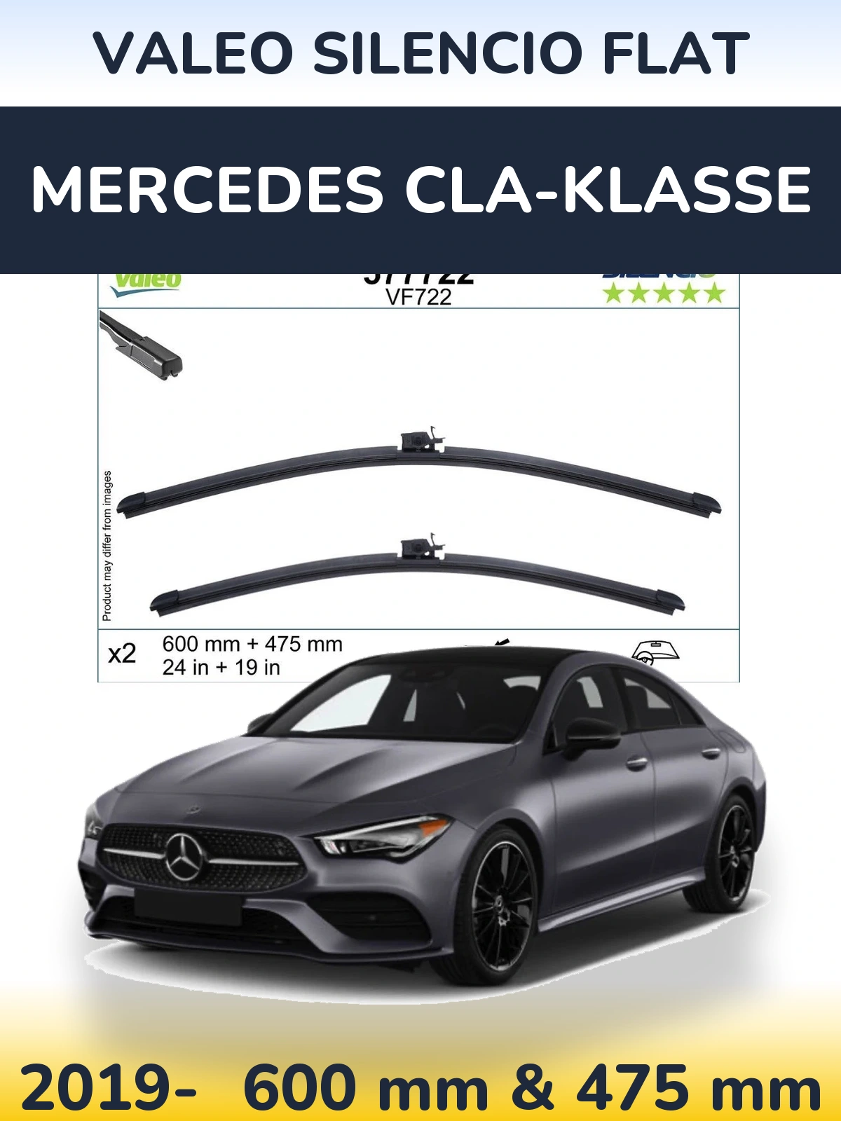 Комплект передніх щіток Valeo Silencio Flat 600 & 475 мм для Mercedes CLA-Klasse 2019-2026