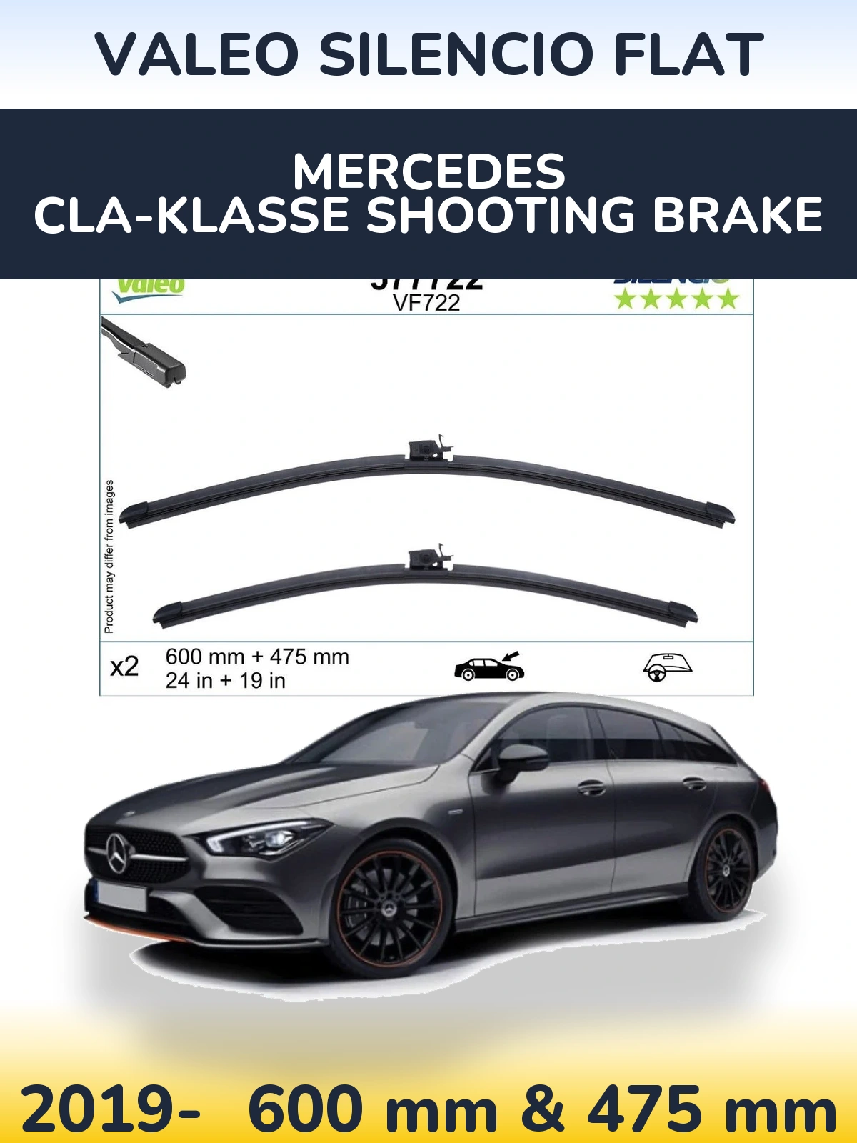 Комплект передніх щіток Valeo Silencio Flat 600 & 475 мм для Mercedes CLA-Klasse Shooting Brake 2019-2026