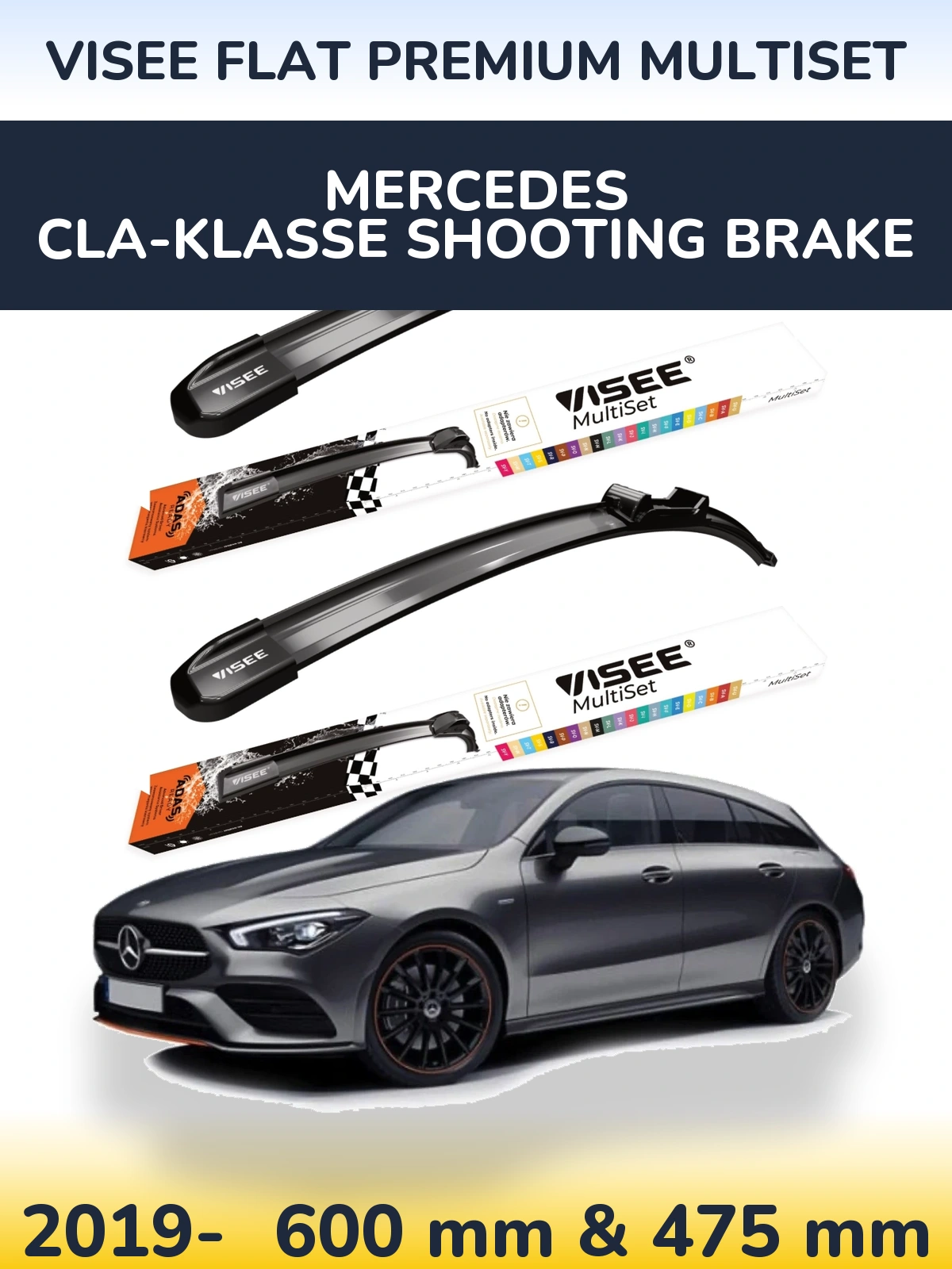 Front wiper blade set VISEE FLAT PREMIUM MultiSet 600 & 475 mm for Mercedes CLA-Klasse Shooting Brake 2019-2026